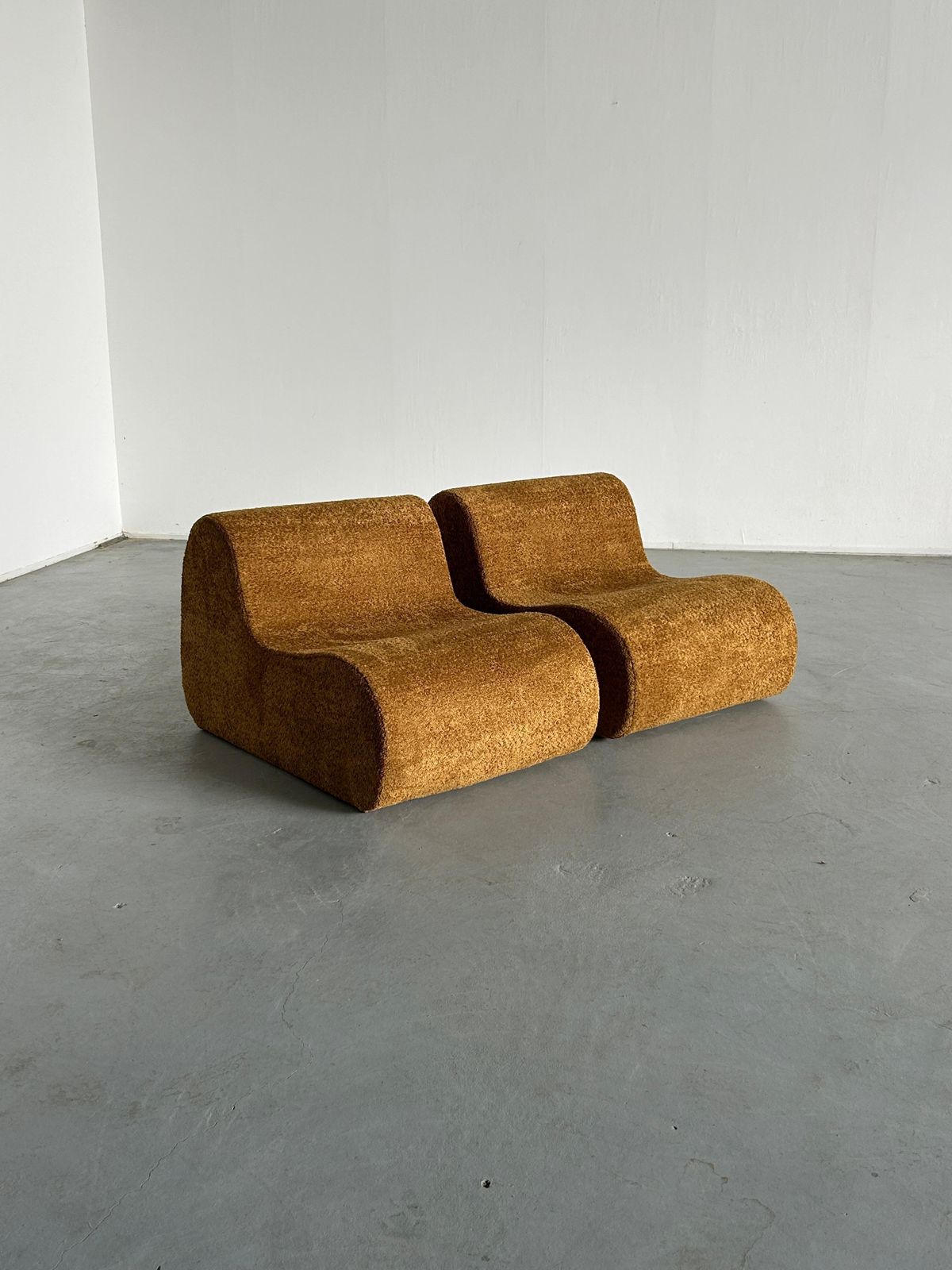 Pair Of Italian Mid Century Modern Lounge Chairs In Ochre Boucle, 1970s Italy photo Furniture