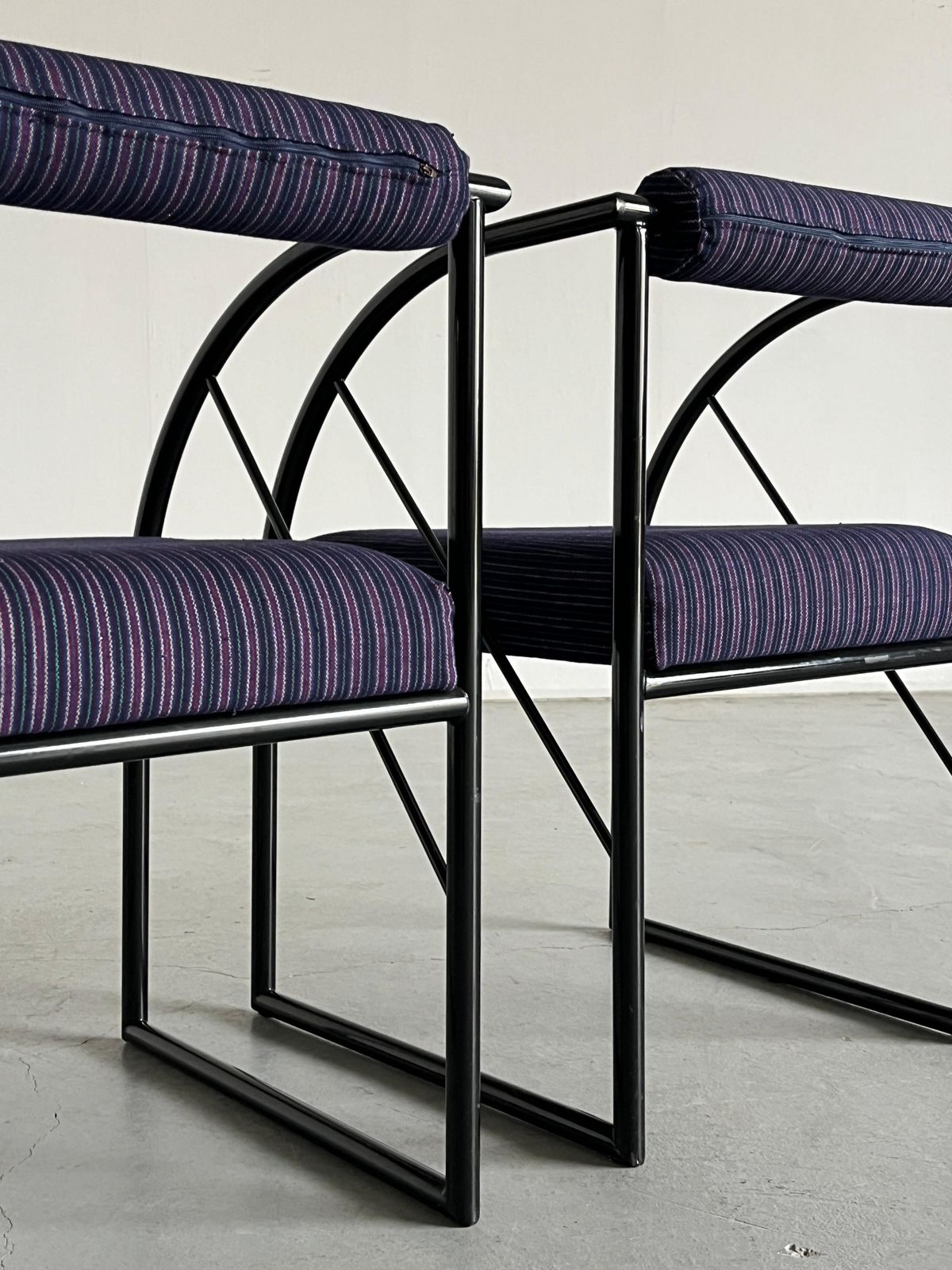 1 Of 2 Postmodern Armchairs, Multicolour Memphis Stripe Upholstery, 1980s Italy photo vintage