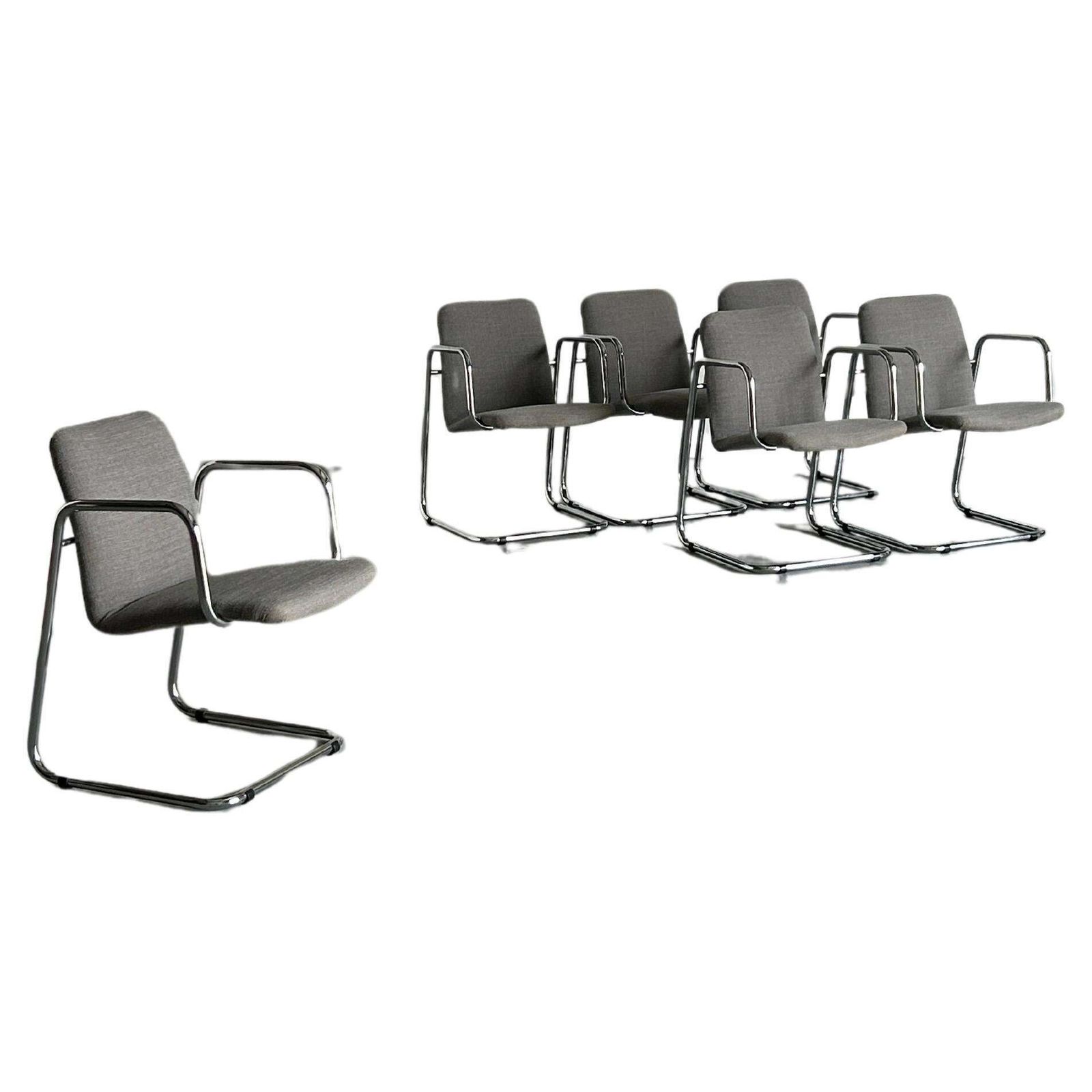 1 Of 6 Italian Space Age Chromed Tubular Steel Cantilever Lounge Armchairs, 70s
