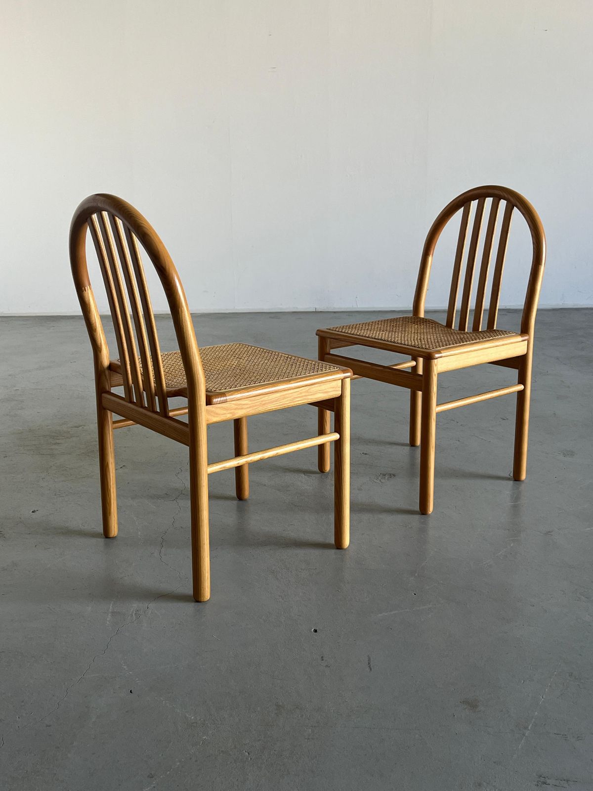 Pair Of Vintage Mid Century Dining Chairs In Lacquered Wood And Cane, Italy 80s photo for sale