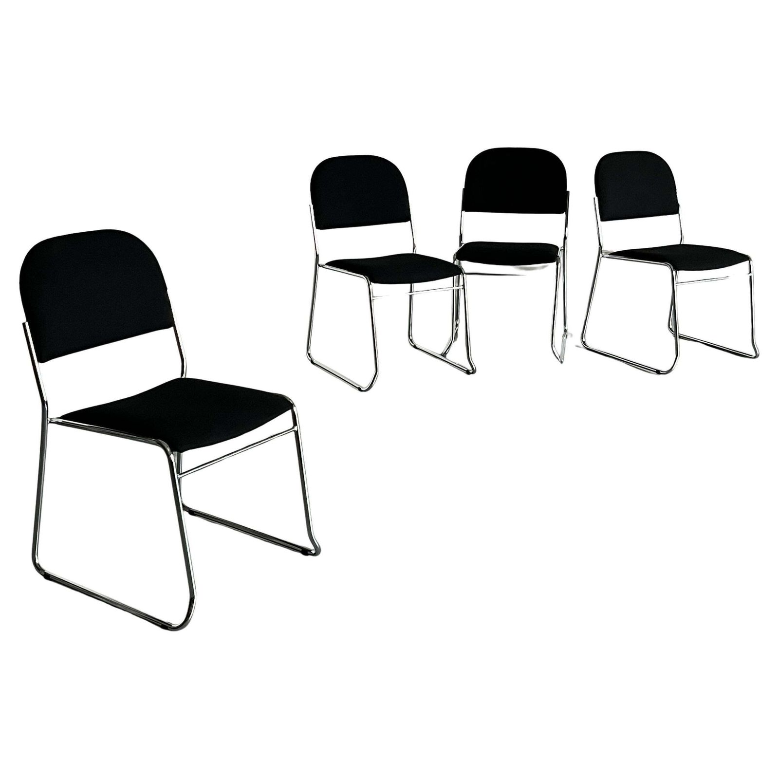 Set Of 4 Minimalist Dining Chairs In Black Fabric And Chromed Steel, Stackable