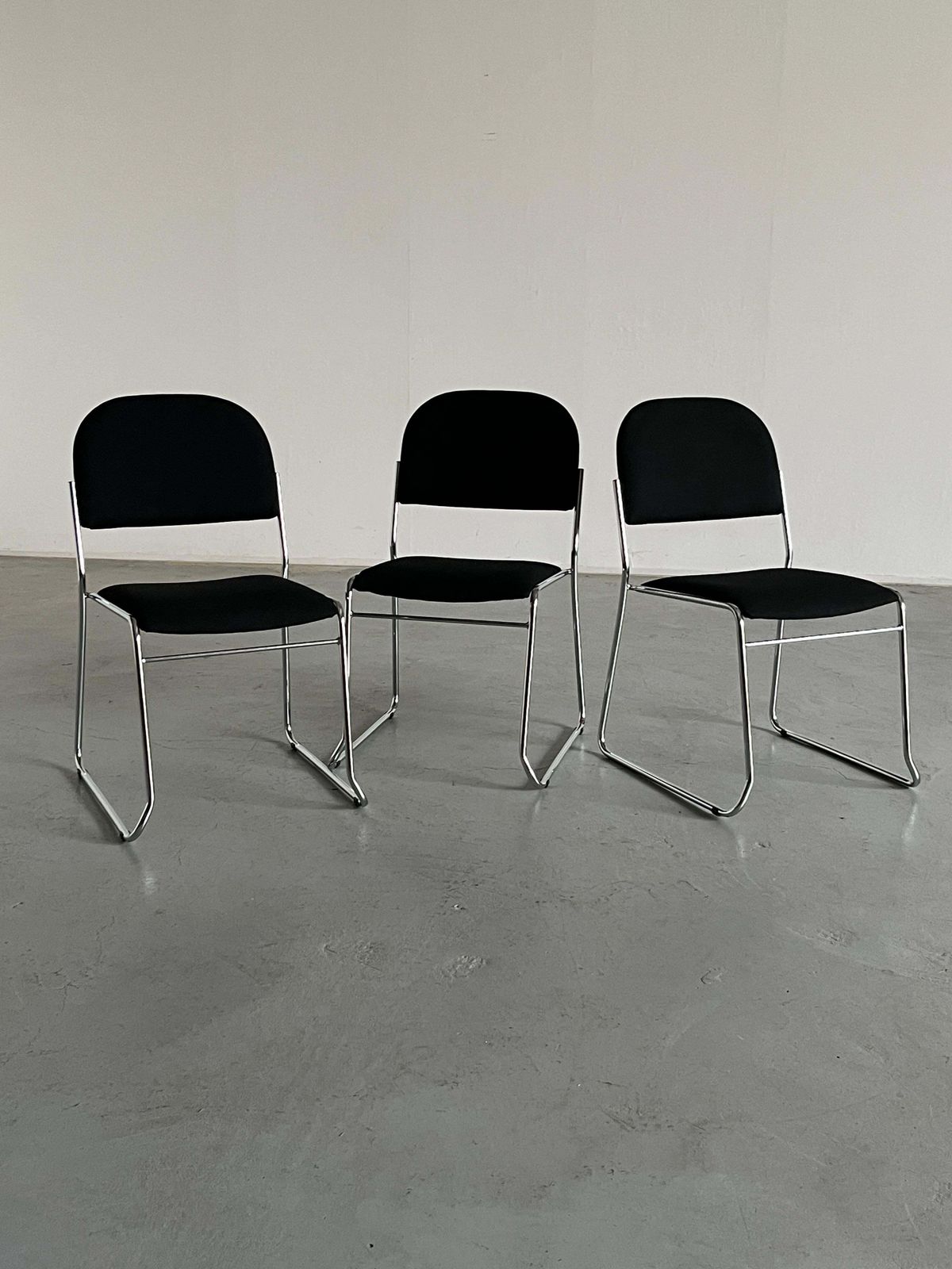Set Of 4 Minimalist Dining Chairs In Black Fabric And Chromed Steel, Stackable photo for sale