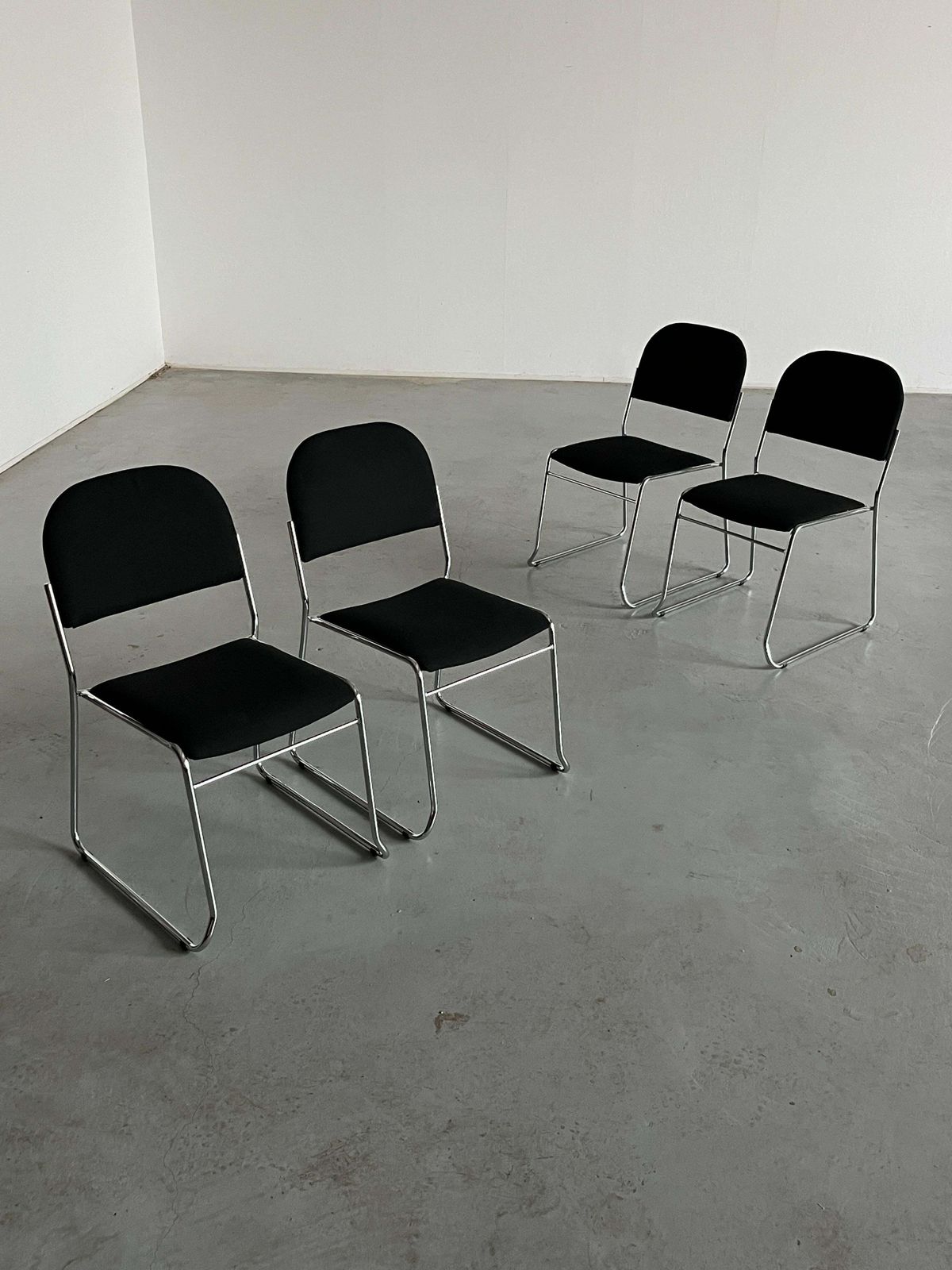 Set Of 4 Minimalist Dining Chairs In Black Fabric And Chromed Steel, Stackable photo vinterior