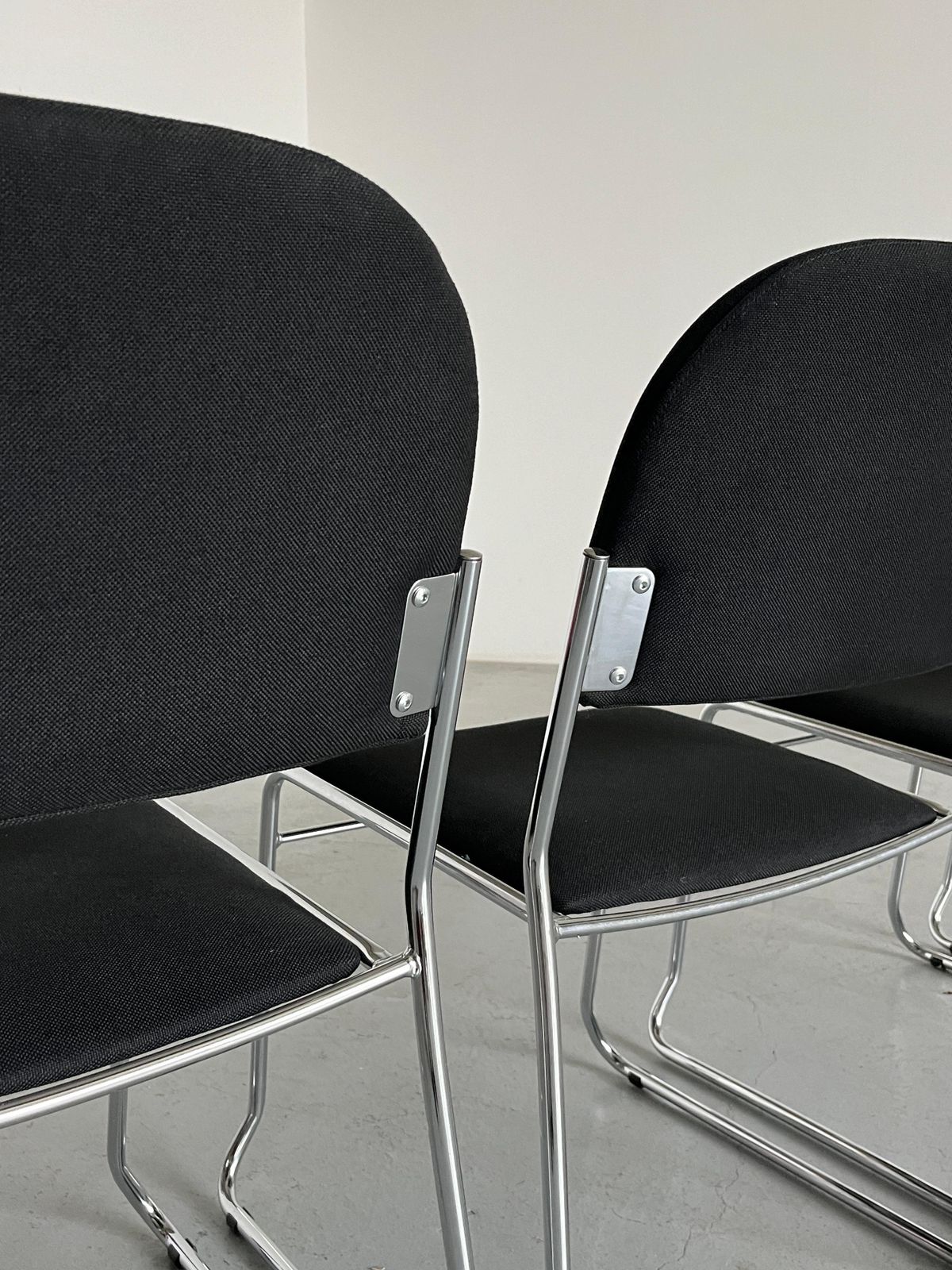 Furniture Set Of 4 Minimalist Dining Chairs In Black Fabric And Chromed Steel, Stackable photo