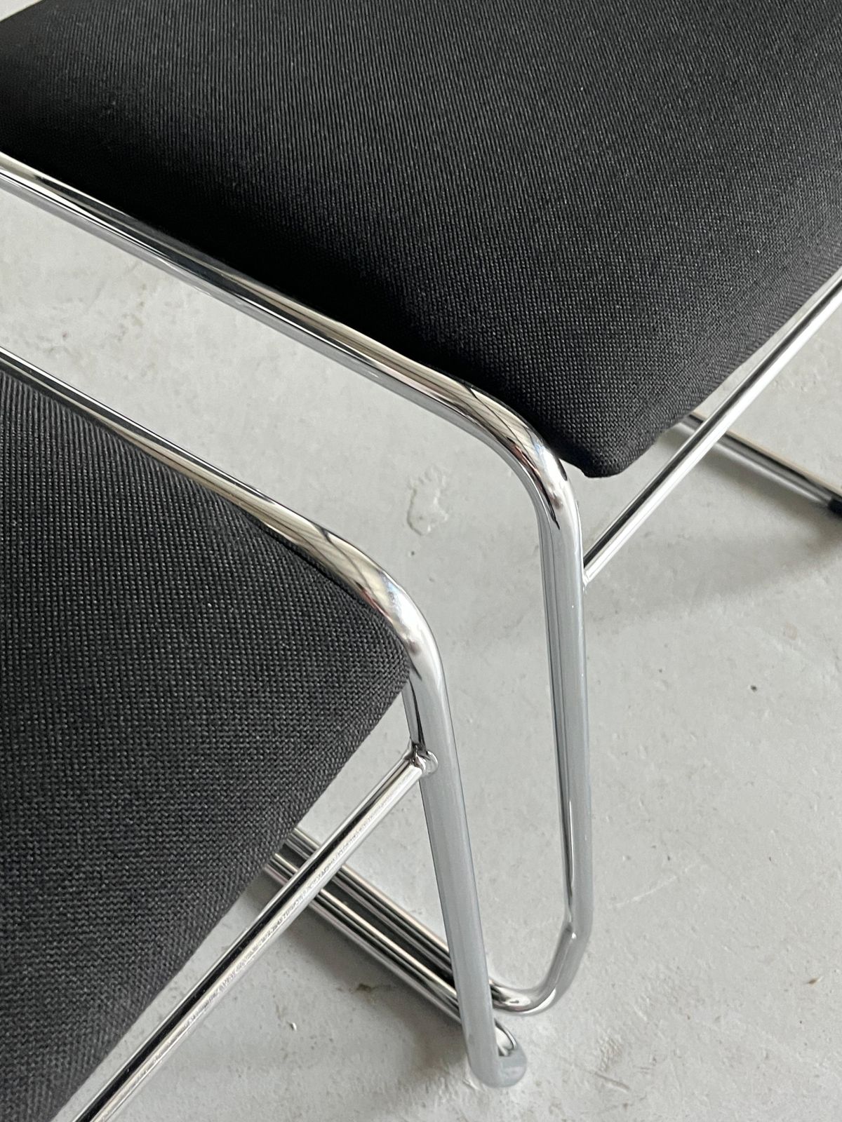 665.0 Set Of 4 Minimalist Dining Chairs In Black Fabric And Chromed Steel, Stackable photo