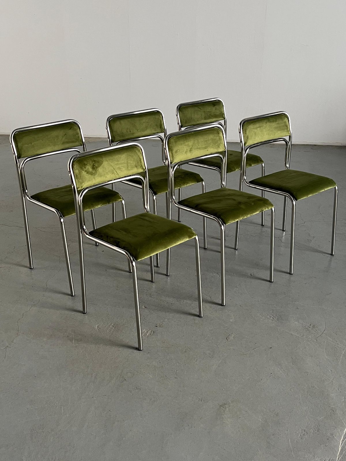 Set Of 6 Bauhaus Chrome Tubular Steel,  Green Velvet Italian Dining Chairs photo for sale