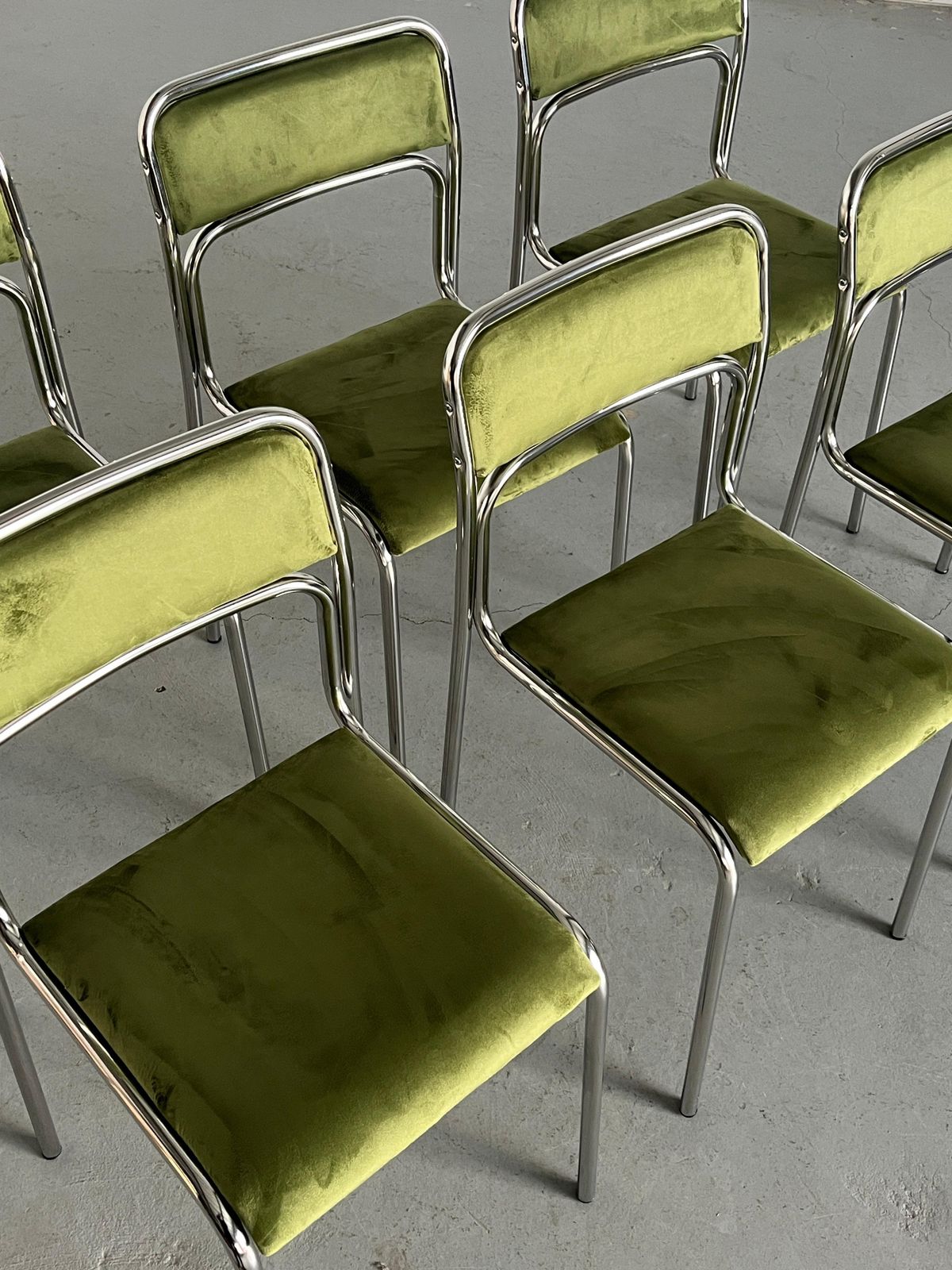 Set Of 6 Bauhaus Chrome Tubular Steel,  Green Velvet Italian Dining Chairs photo vinterior