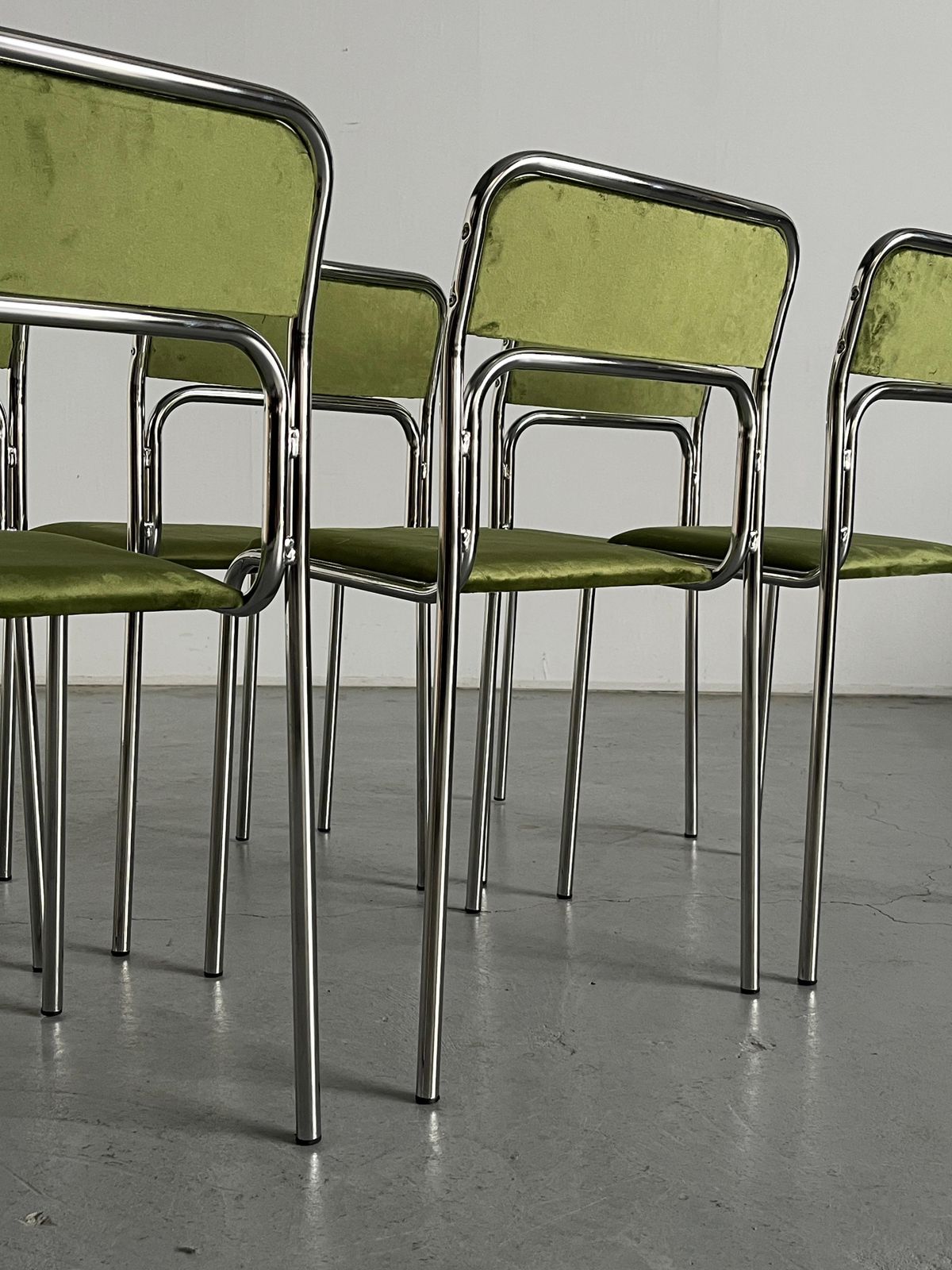 Set Of 6 Bauhaus Chrome Tubular Steel,  Green Velvet Italian Dining Chairs photo buy