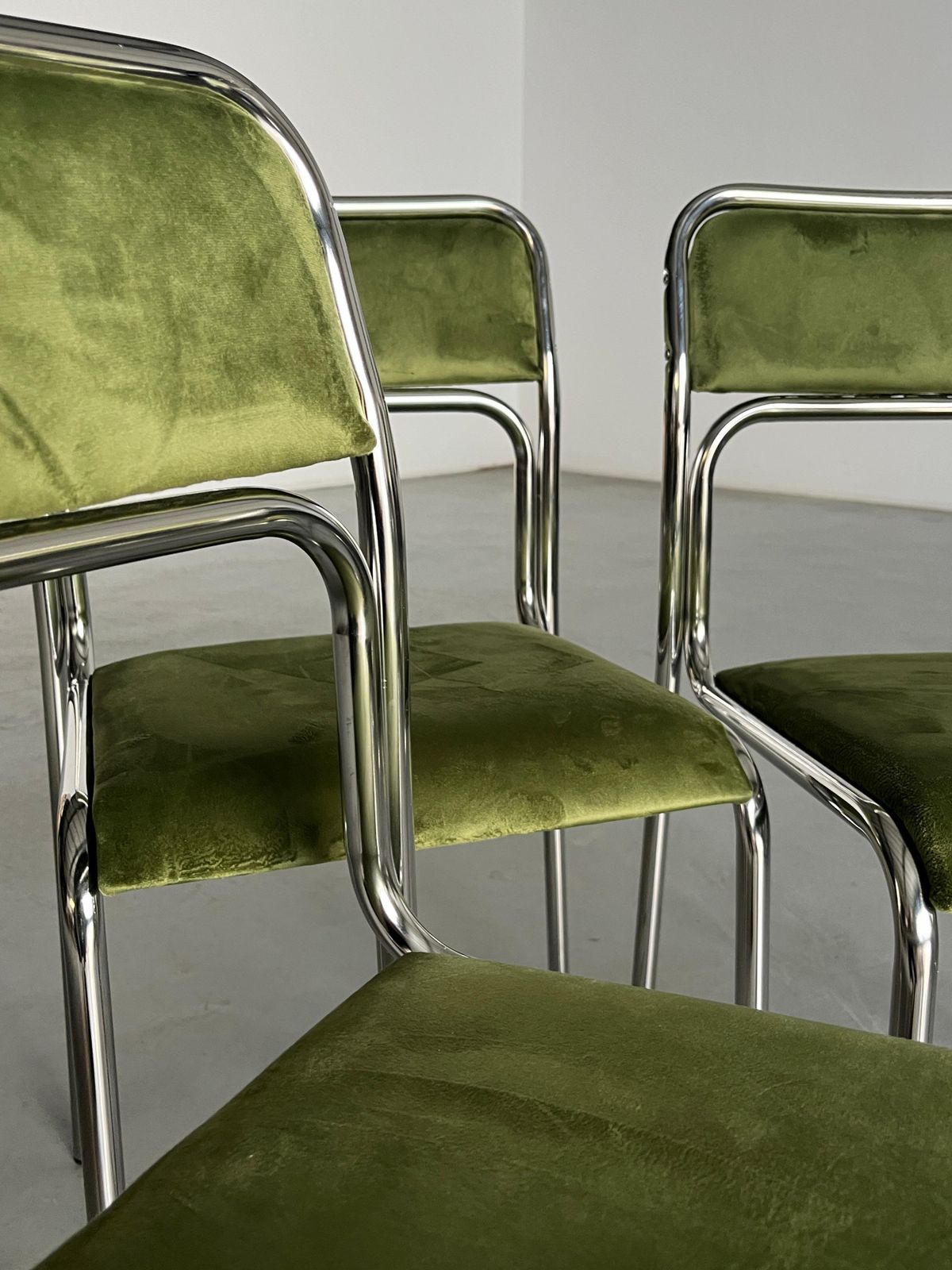 Set Of 6 Bauhaus Chrome Tubular Steel,  Green Velvet Italian Dining Chairs photo vintage