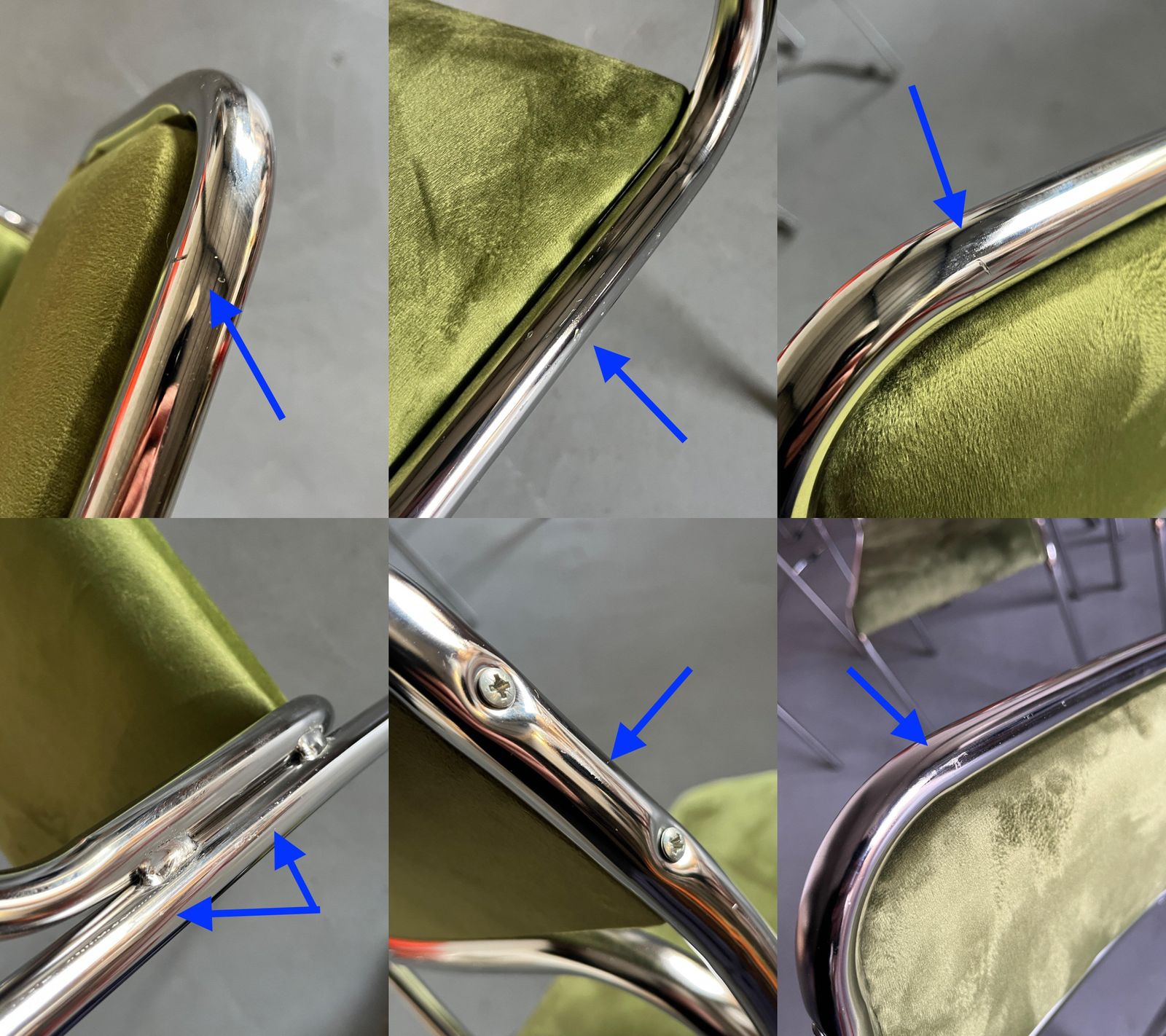 photo for sale Set Of 6 Bauhaus Chrome Tubular Steel,  Green Velvet Italian Dining Chairs