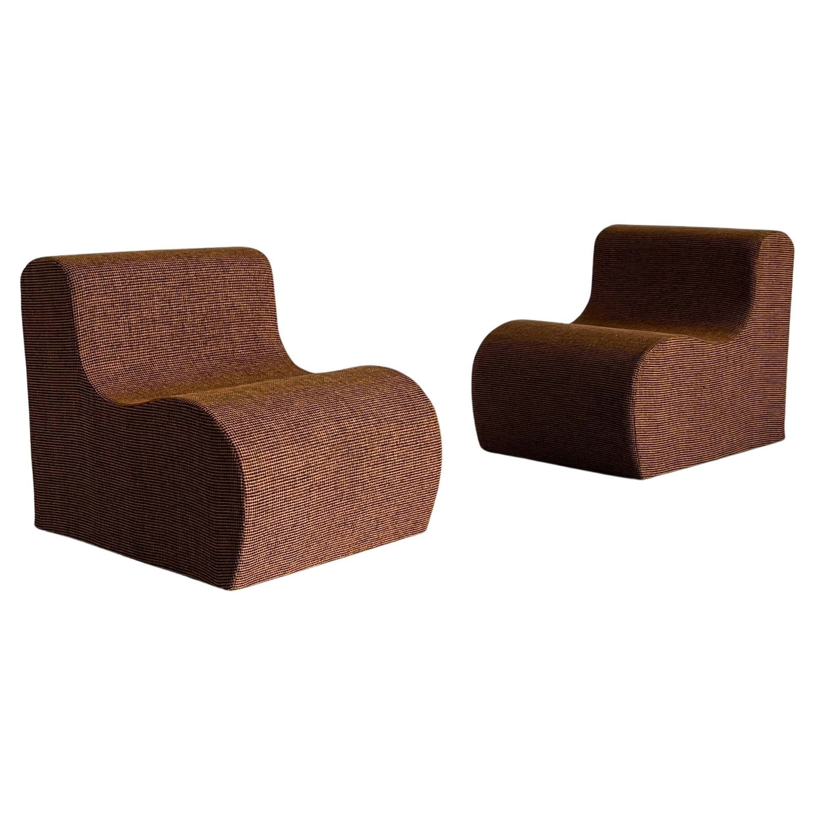 Pair Of Vintage Italian Mid Century Lounge Chairs In Checkered Fabric, 70s Italy