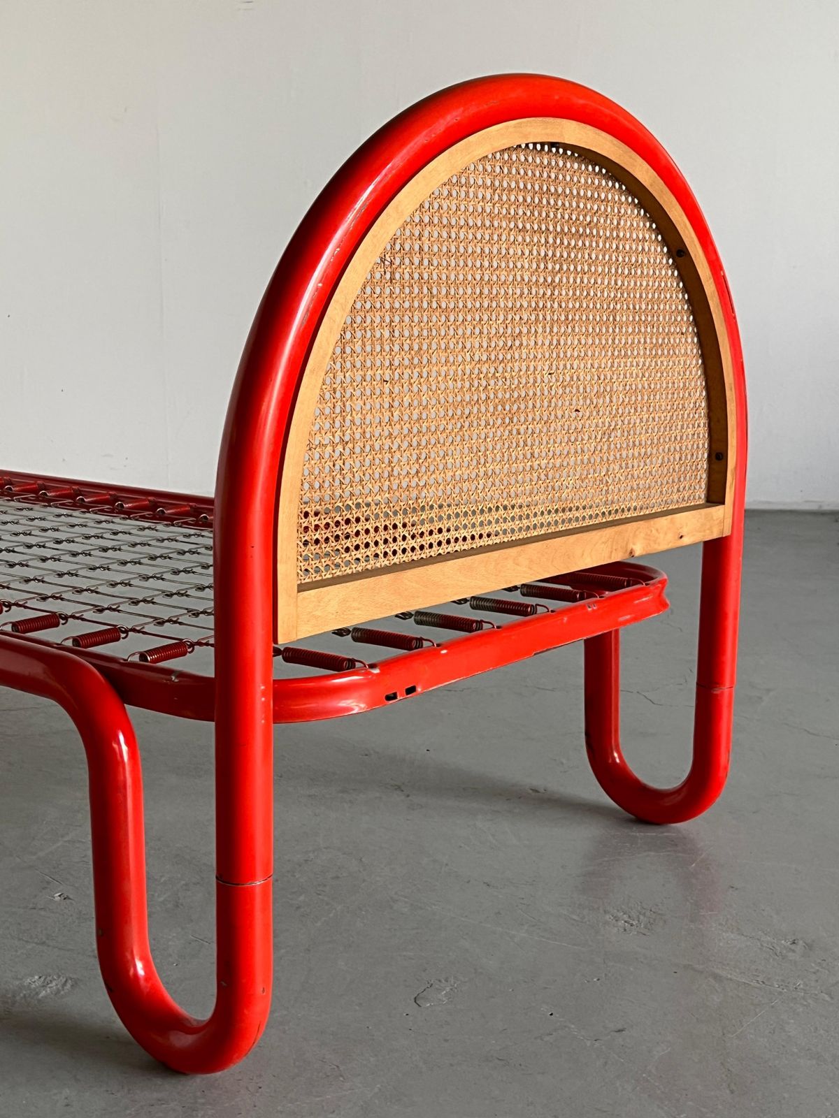 Furniture Gae Aulenti Style Tubular Metal And Cane Bed Frame, 1960s Italy photo