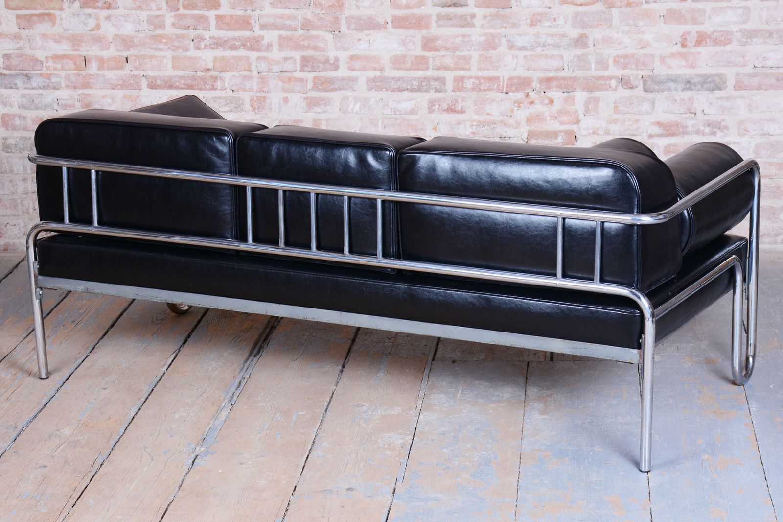 Furniture Restored Bauhaus Sofa, Chrome Plated Steel, High Quality Leather, Czech, 1930s photo