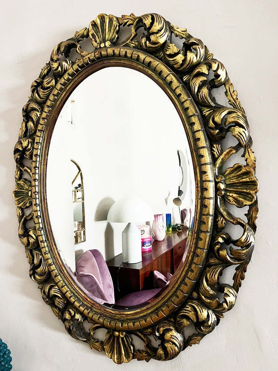 Oval Wood Mirror Gold Leaf Hand Carved Baroque Italian 20th Century  Antiques photo furniture