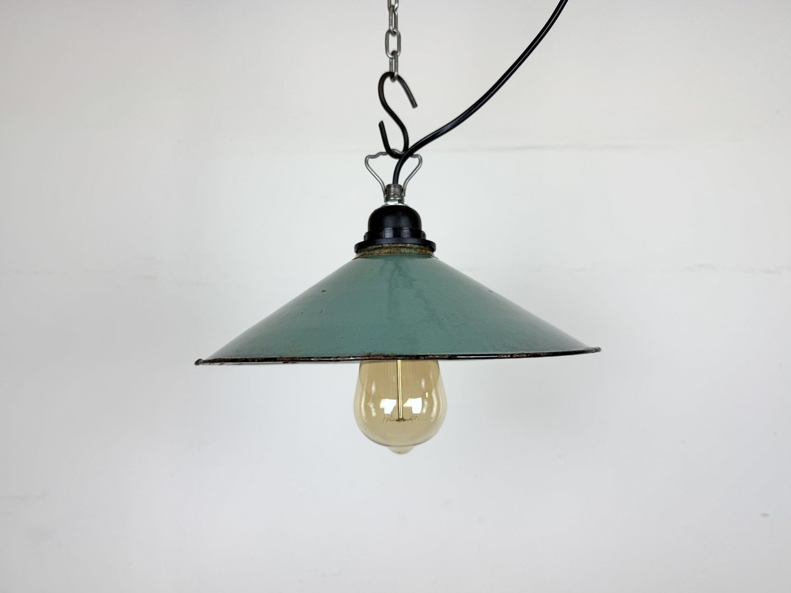 Industrial Petrol Enamel Factory Pendant Lamp, 1960s photo vinterior