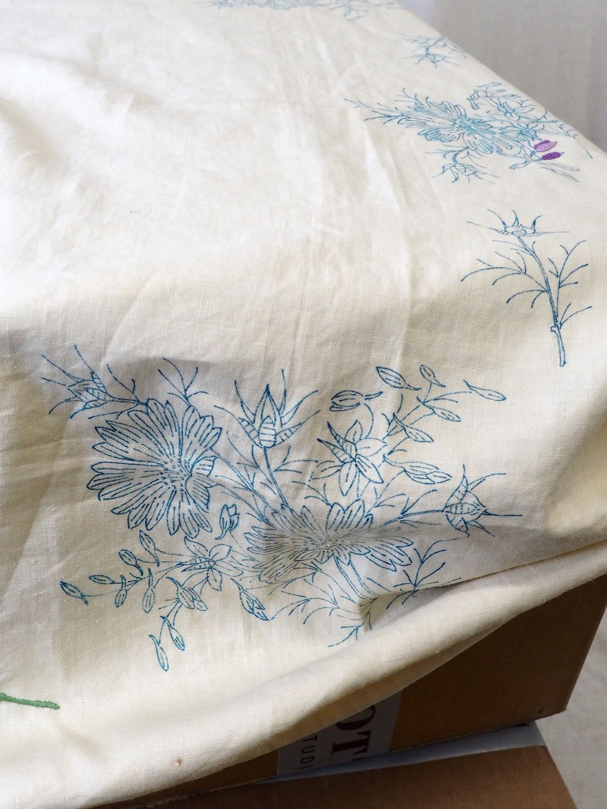 French Unfinished Embroidered Linen Tablecloth photo furniture