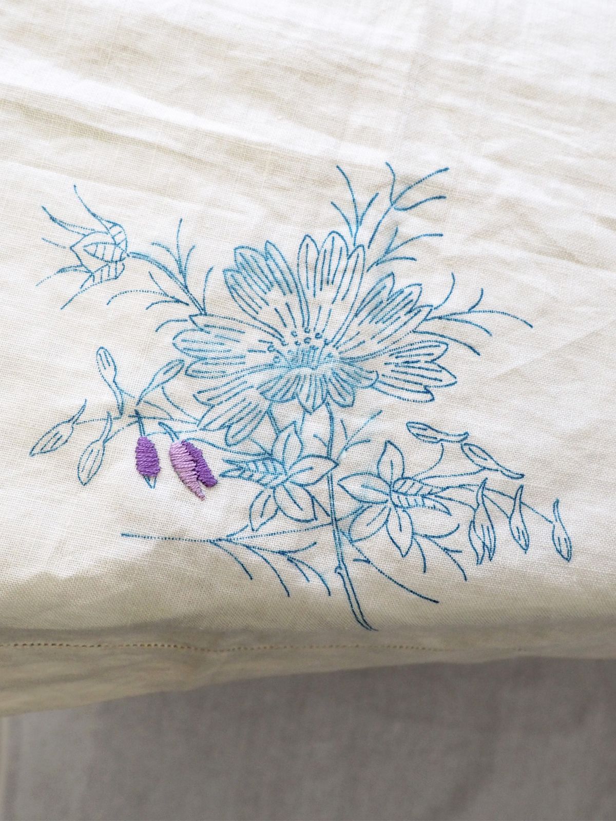 French Unfinished Embroidered Linen Tablecloth photo Textiles