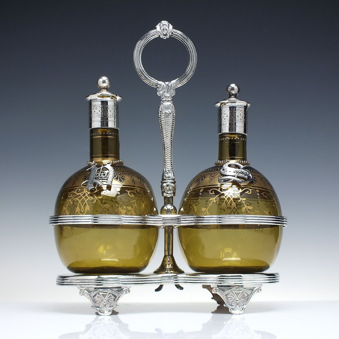 Pair Of 19th Century Amber Gilded Glass Spirit Flagon Decanters In Silver Plated Frame C1860