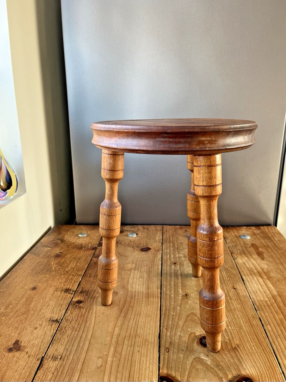 Home Decor Dairy Milking Stool Rustic Oak Country Farmhouse Antique Old Vintage Plant Stand photo