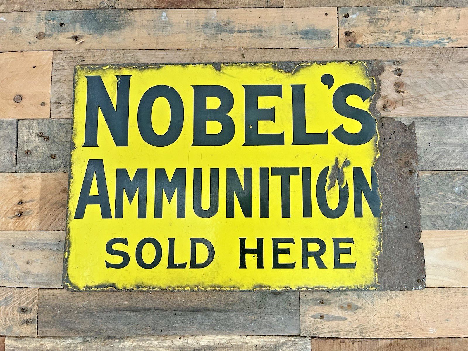 Antique Nobel's Ammunition Here Metal Enamel Shotgun Ammo Cartridges Sign photo furniture
