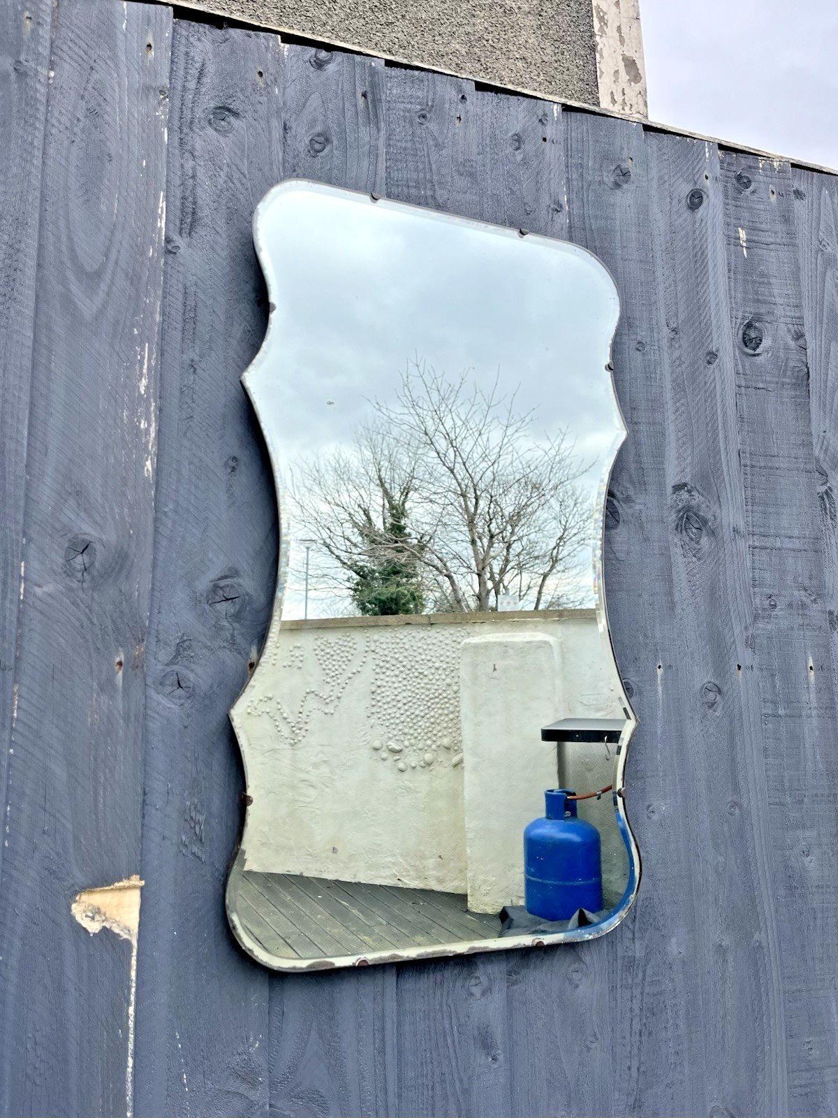 Lovely Large Antique Art Deco Wavy Edge Bevelled Wall Hall Mirror Over Mantel