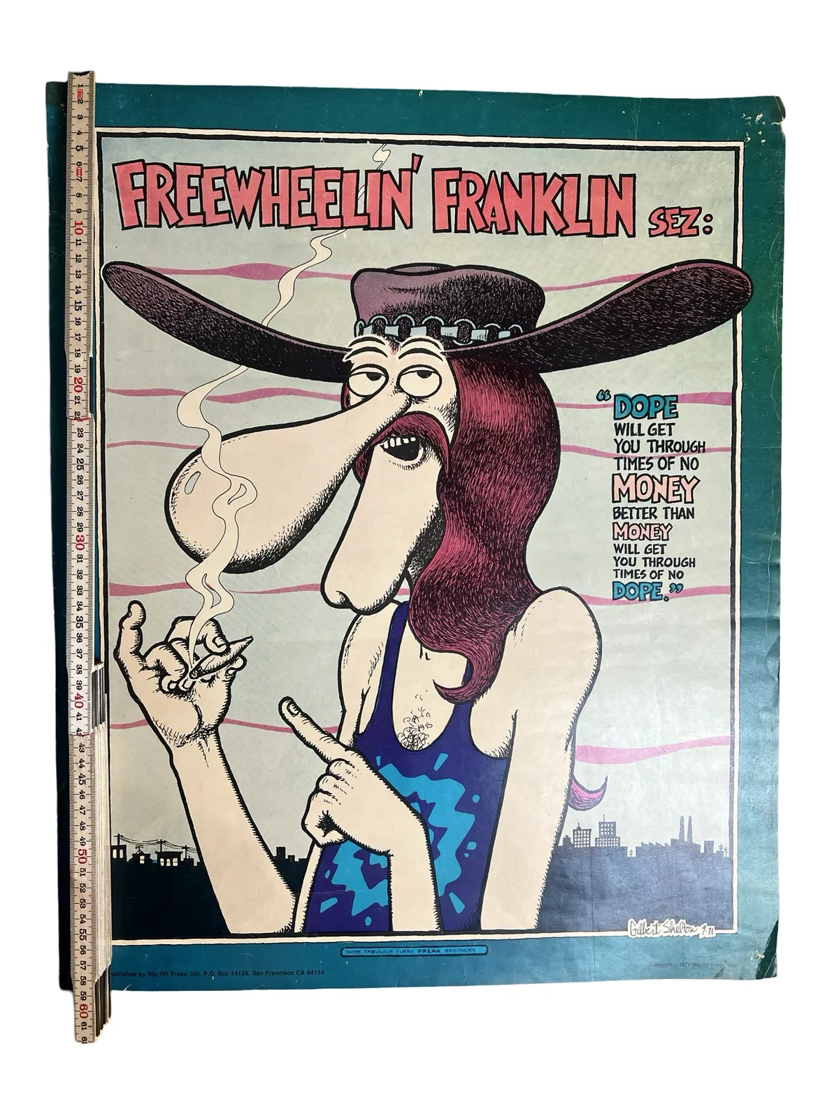 Vintage Comic Poster, The Fabulous Furry Freak Brothers, Freewheelin Franklin Sez By Gilbert Shelton, 1979 Rip Off Press photo furniture