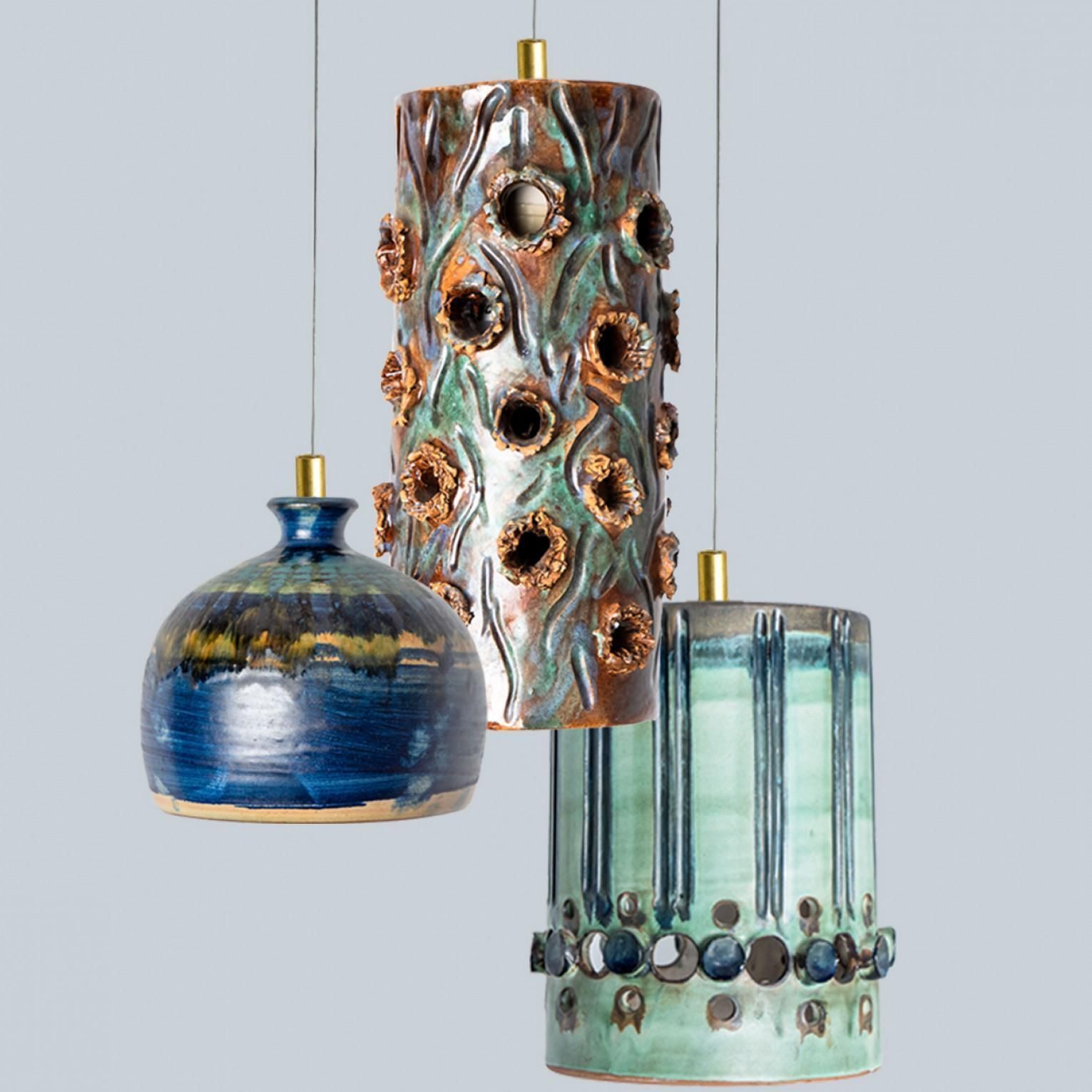 1 Of 3 Turquoise Blue Brown Ceramic Pendant Lights, Denmark, 1970 photo 759.0