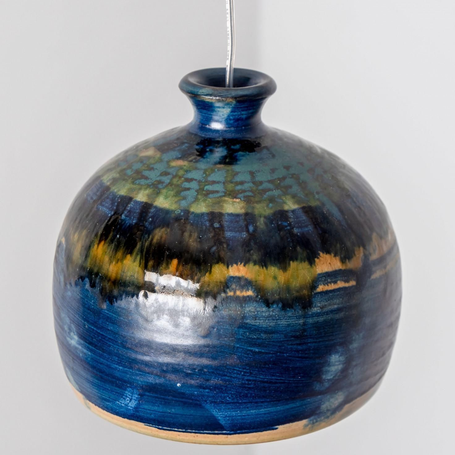 1 Of 3 Turquoise Blue Brown Ceramic Pendant Lights, Denmark, 1970 photo vinterior
