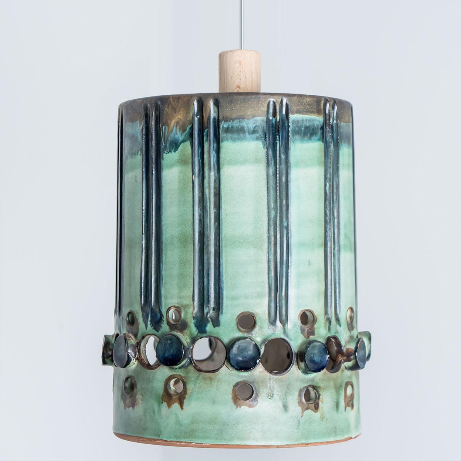 1 Of 3 Turquoise Blue Brown Ceramic Pendant Lights, Denmark, 1970 photo buy