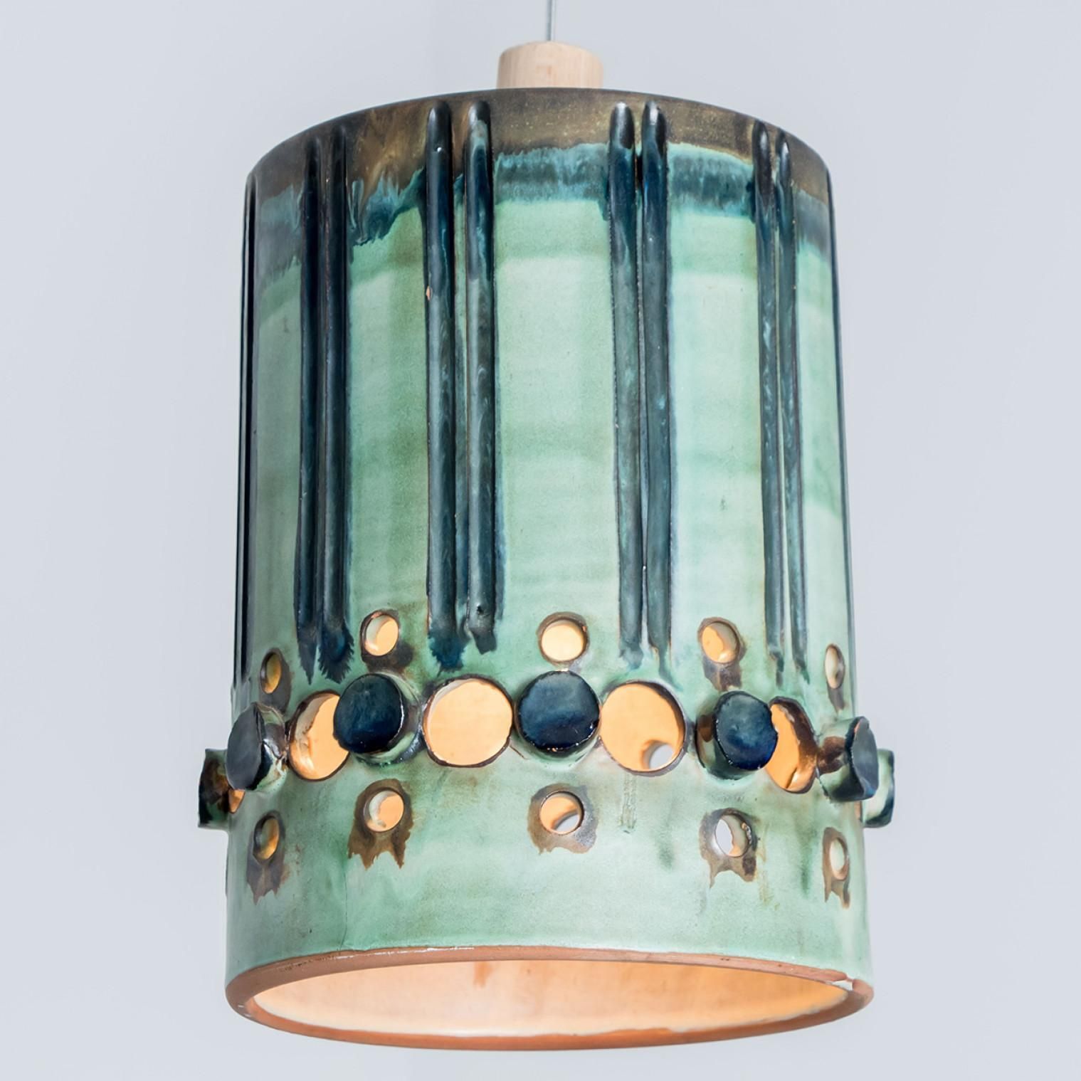 1 Of 3 Turquoise Blue Brown Ceramic Pendant Lights, Denmark, 1970 photo vintage