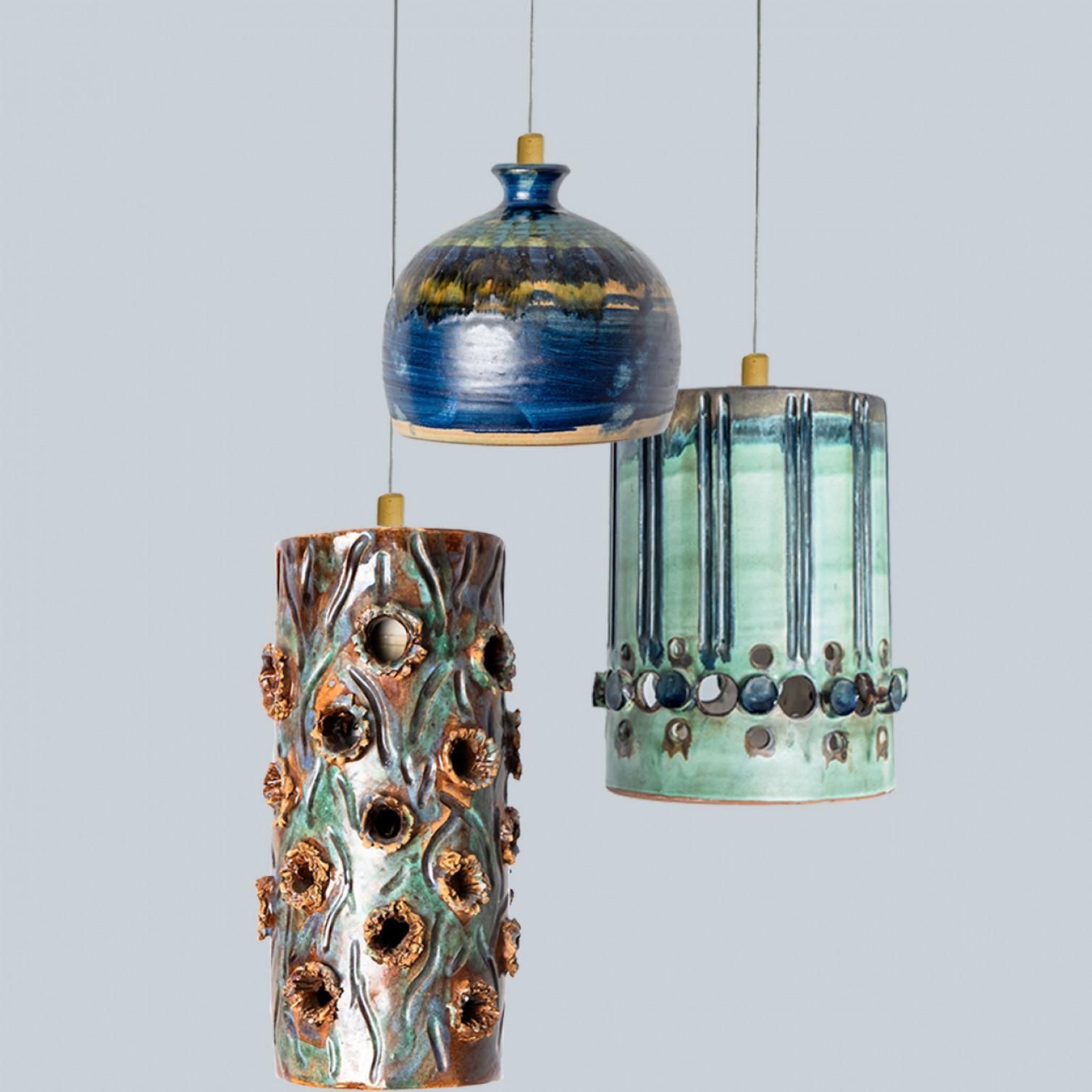 photo buy 1 Of 3 Turquoise Blue Brown Ceramic Pendant Lights, Denmark, 1970