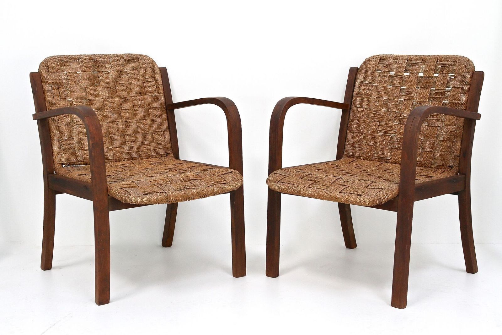 Pair Of Mid Century Armchairs With Woven Rope, Audoux   Minnet, Fr Ca. 1950 photo furniture