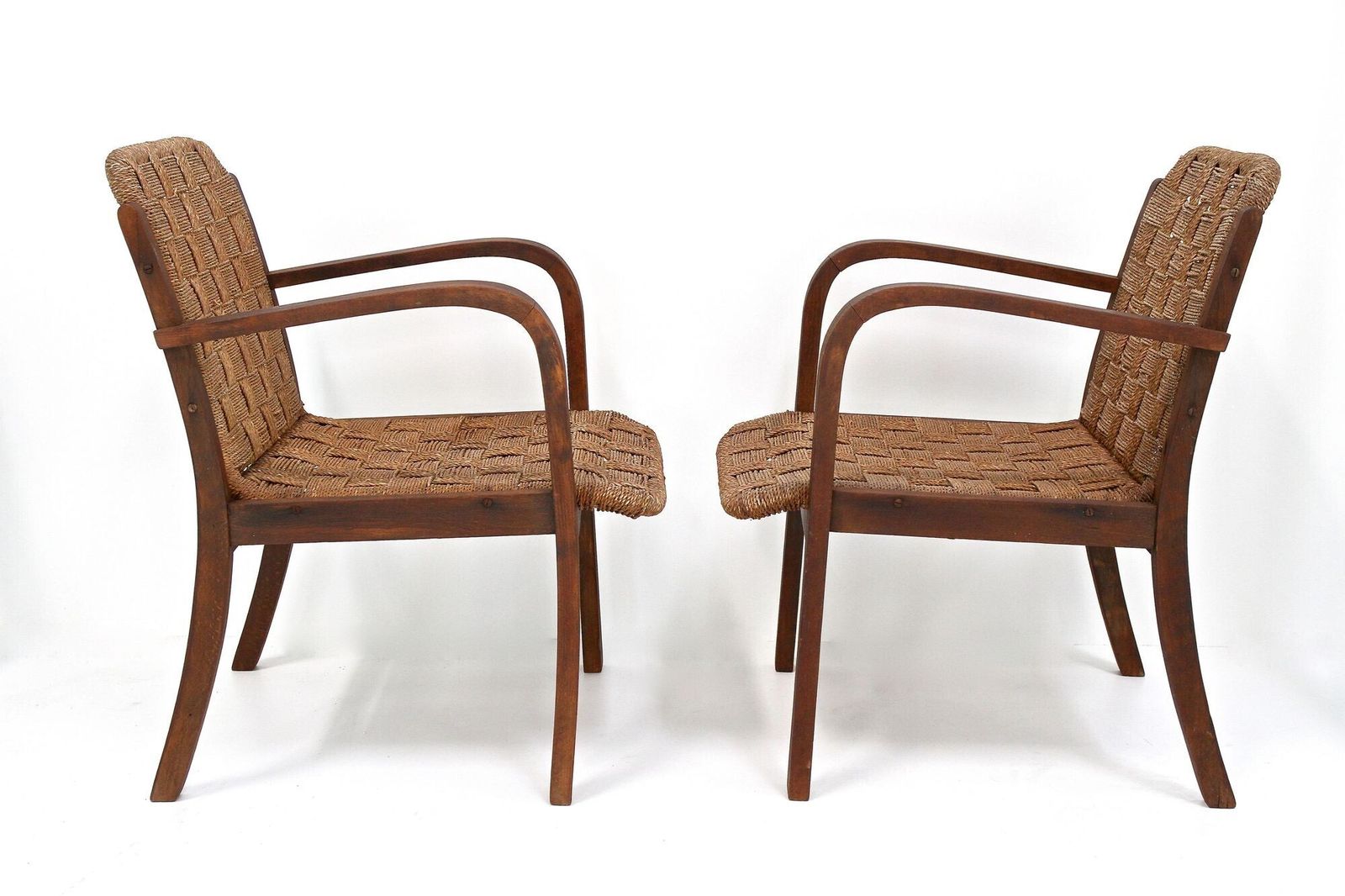 Pair Of Mid Century Armchairs With Woven Rope, Audoux   Minnet, Fr Ca. 1950 photo for sale