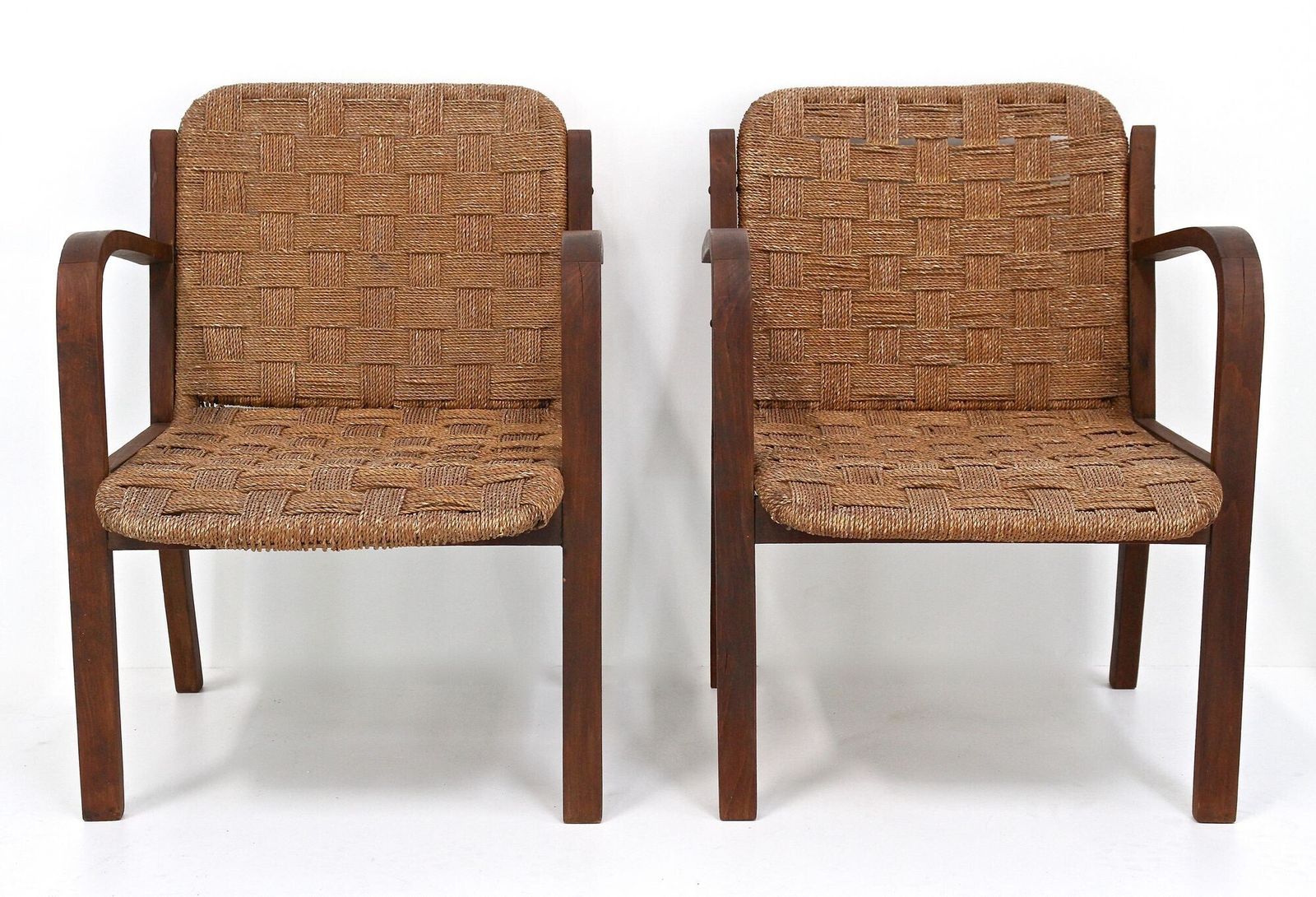 Pair Of Mid Century Armchairs With Woven Rope, Audoux   Minnet, Fr Ca. 1950 photo Furniture