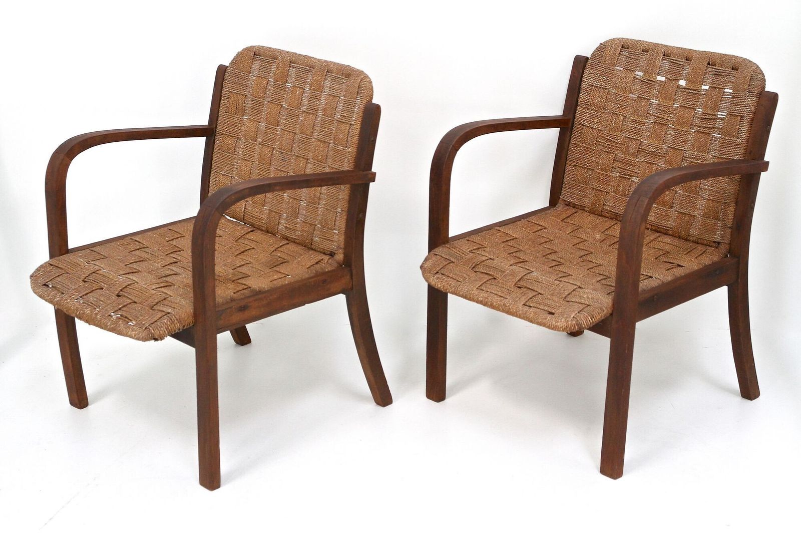 Pair Of Mid Century Armchairs With Woven Rope, Audoux   Minnet, Fr Ca. 1950 photo vintage