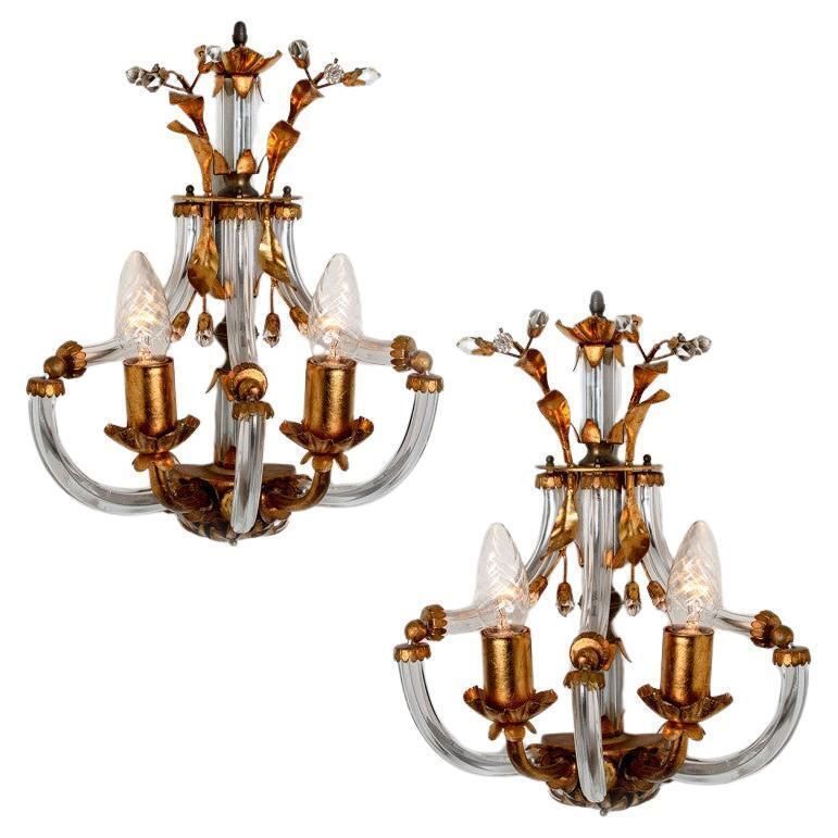 Pair Of Crystal Glass Gilt Brass Wall Lights By Palwa, 1960s