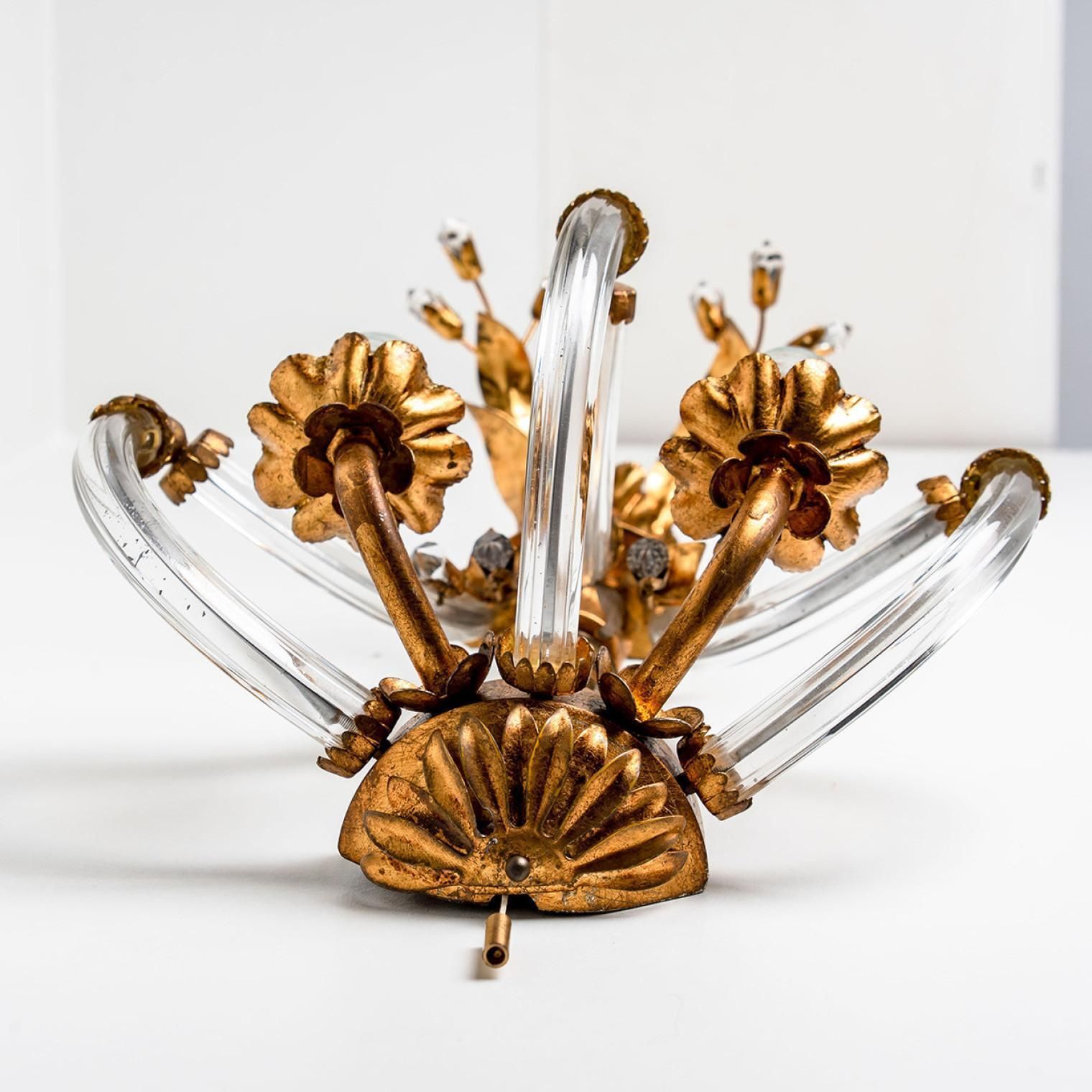 photo for sale Pair Of Crystal Glass Gilt Brass Wall Lights By Palwa, 1960s
