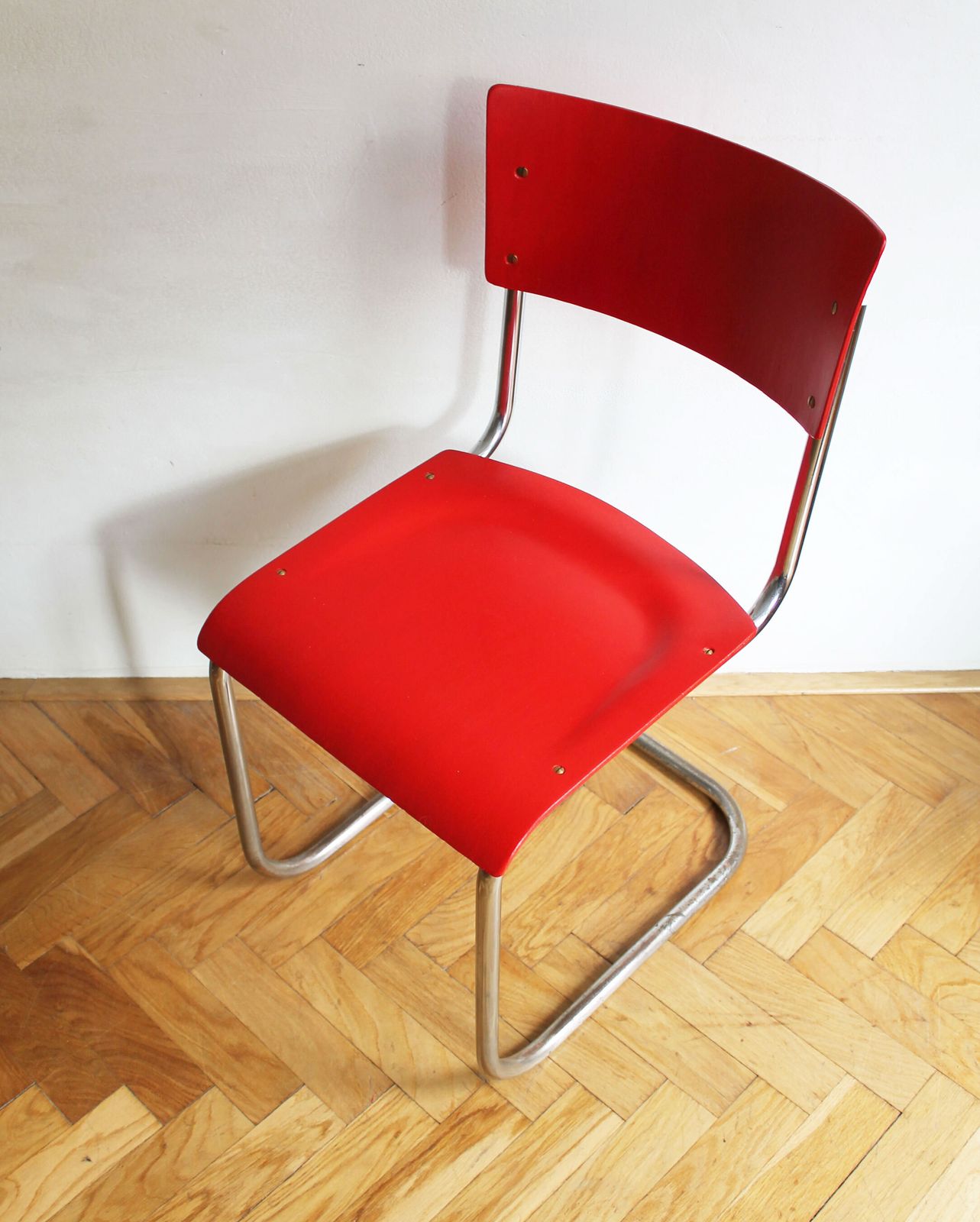 Bright Red 1950's Modernist Cantilevered Chair photo vintage