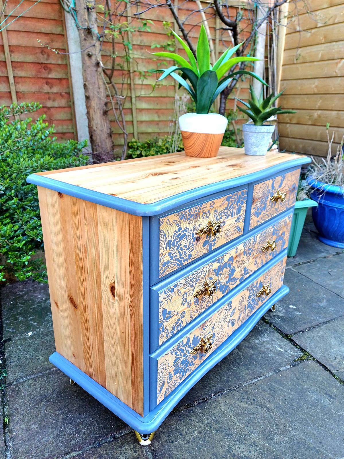 Upcycled Blue Pine Floral Chest Of Drawers photo Furniture