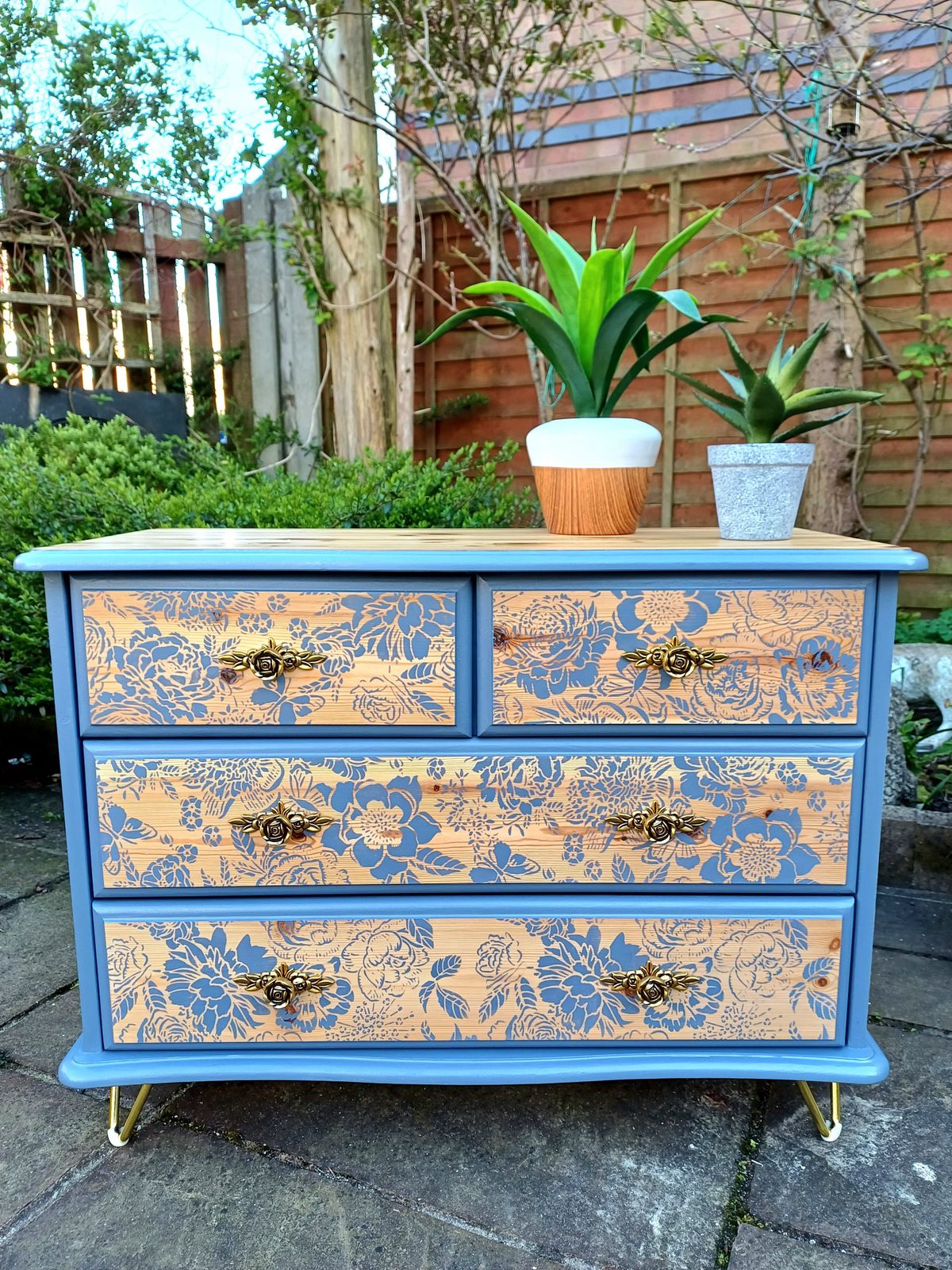 photo furniture Upcycled Blue Pine Floral Chest Of Drawers
