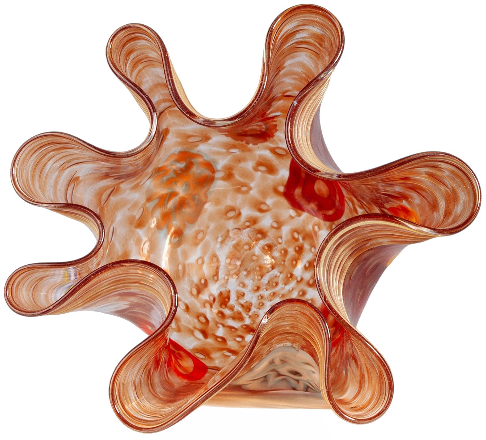 Mid 20th Century Modern Flowered Orange Murano Glass 'Fazzoletto' Vase With Folds, Italy photo vinterior