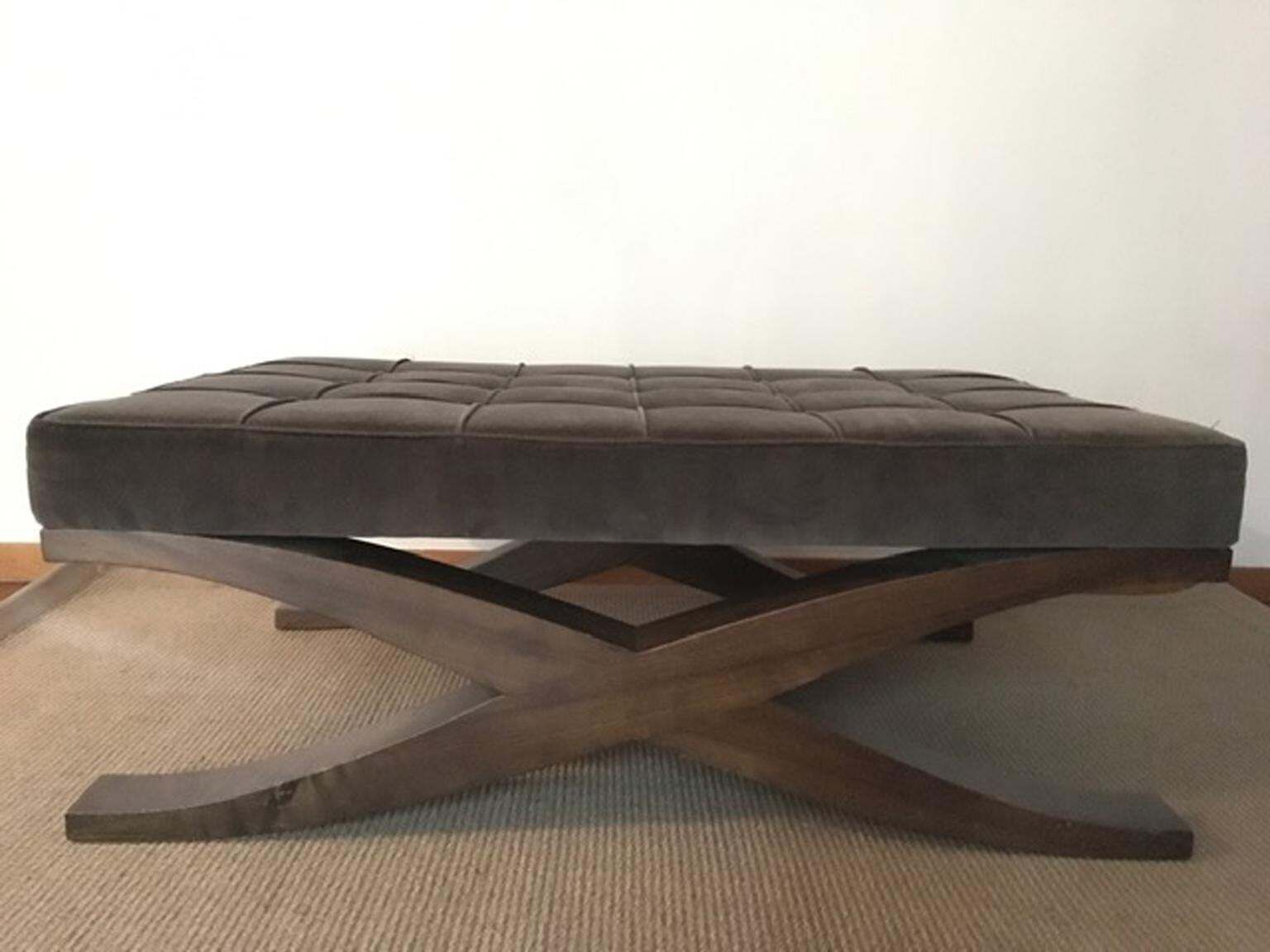 Italy Grey Velvet Upholstered Coffee Table With Crossed Wood Legs photo furniture