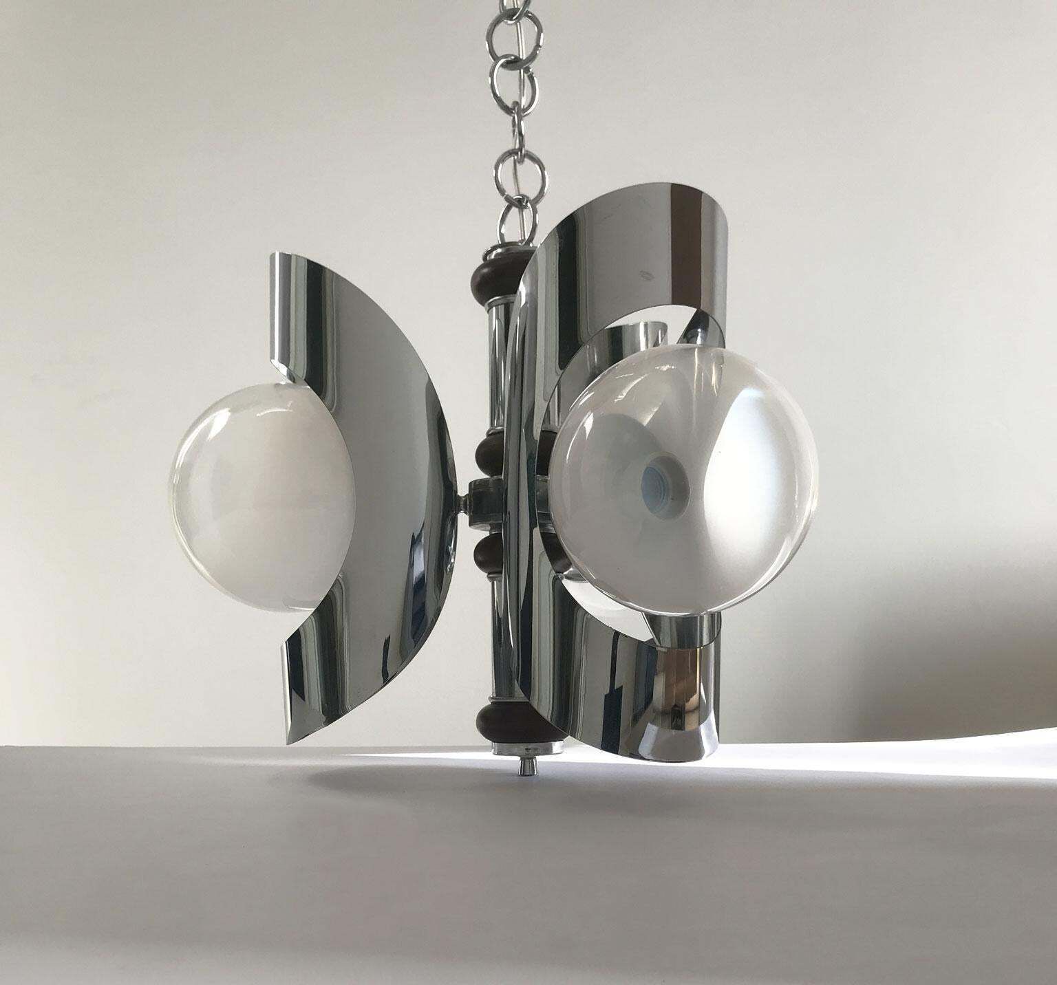 Italy 1970 Mid Century Modern Chandelier Metal Chrome And Glass photo furniture