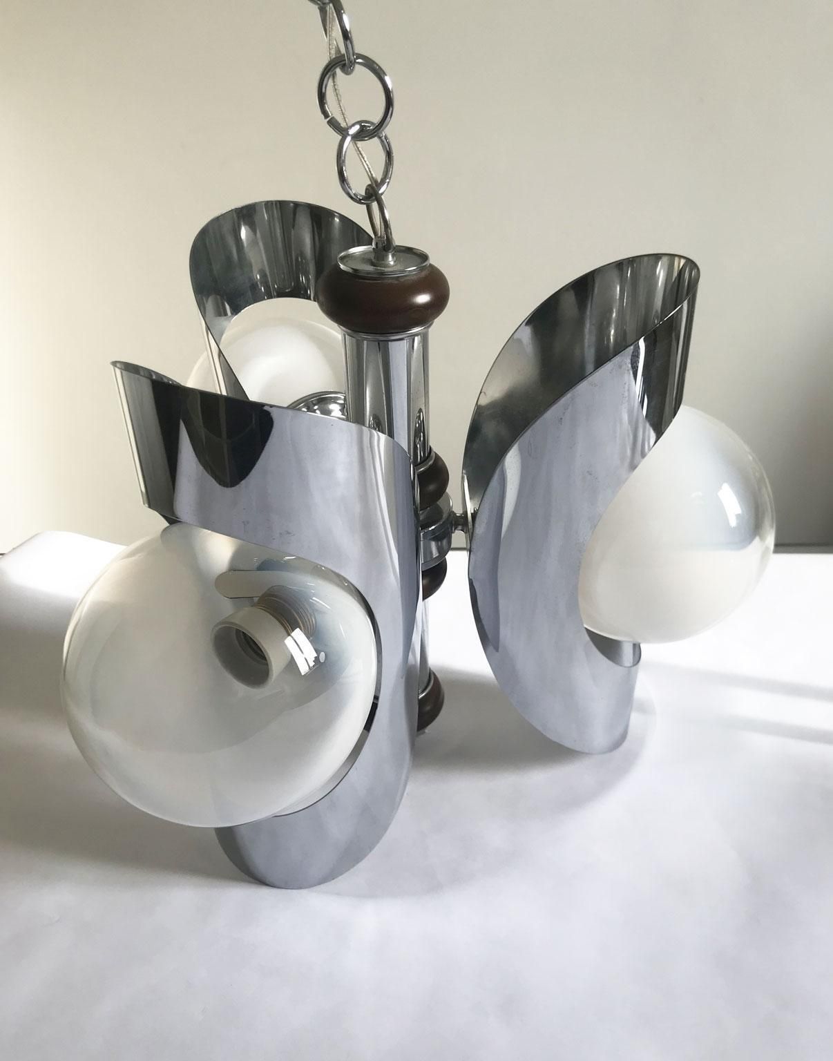 Lighting Italy 1970 Mid Century Modern Chandelier Metal Chrome And Glass photo