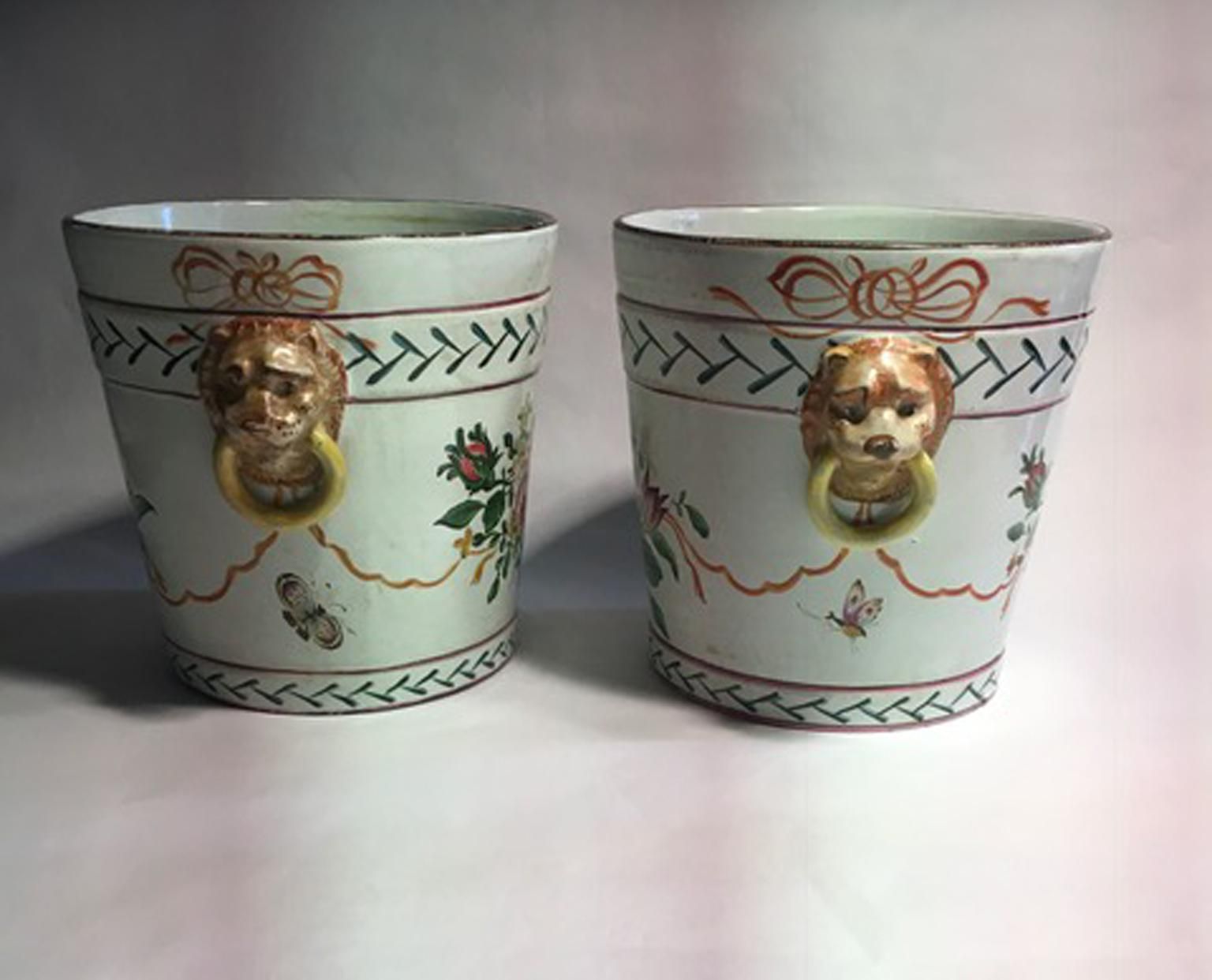 France Late 19th Century Pair Of Pottery Cache Pots With Flowers And Lions Heads photo for sale
