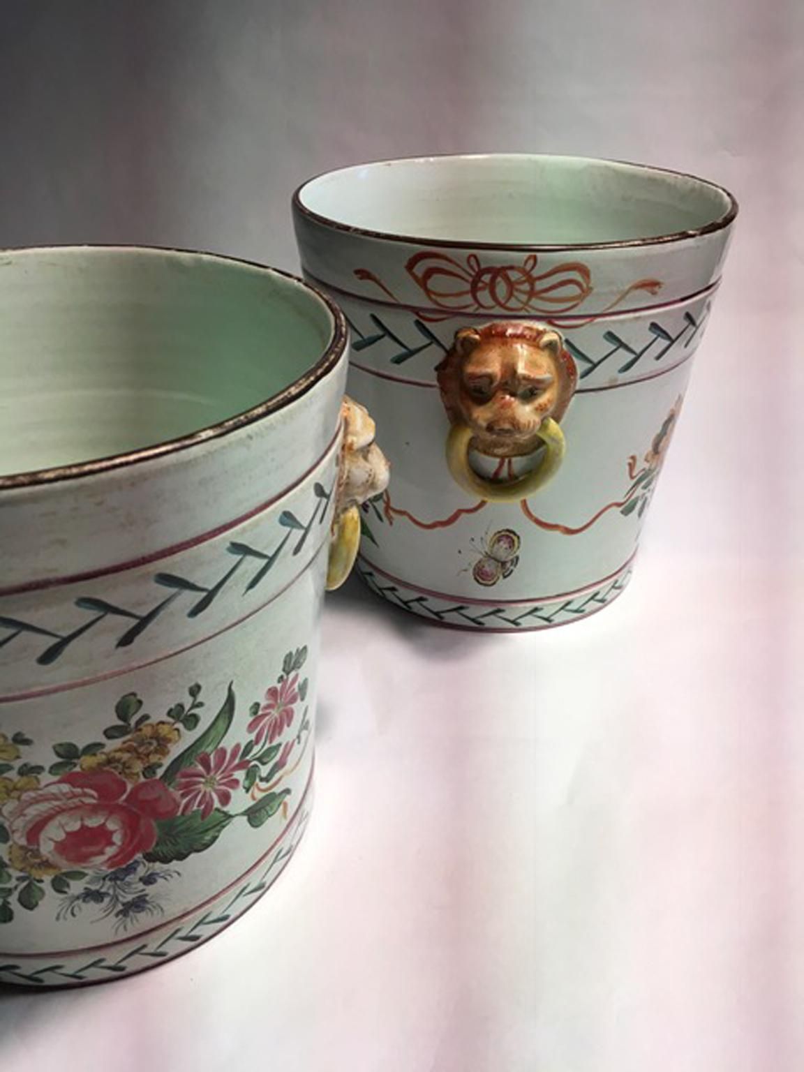 France Late 19th Century Pair Of Pottery Cache Pots With Flowers And Lions Heads photo 1022.0