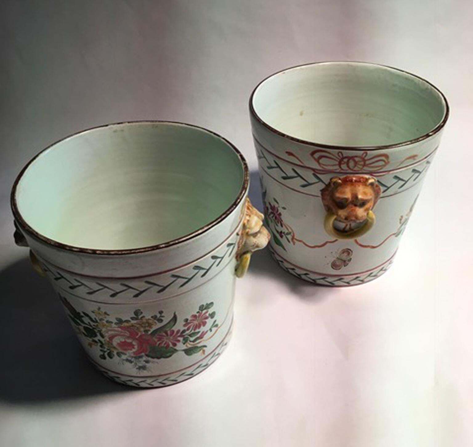 France Late 19th Century Pair Of Pottery Cache Pots With Flowers And Lions Heads photo vinterior