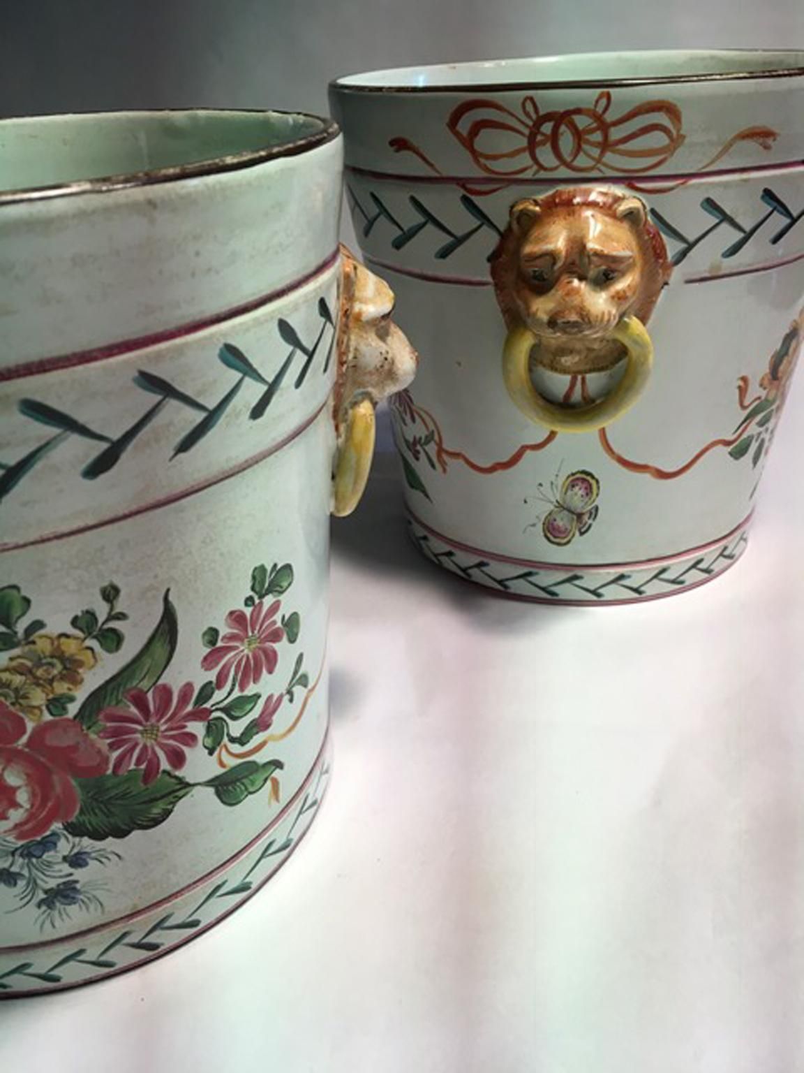 France Late 19th Century Pair Of Pottery Cache Pots With Flowers And Lions Heads photo vintage