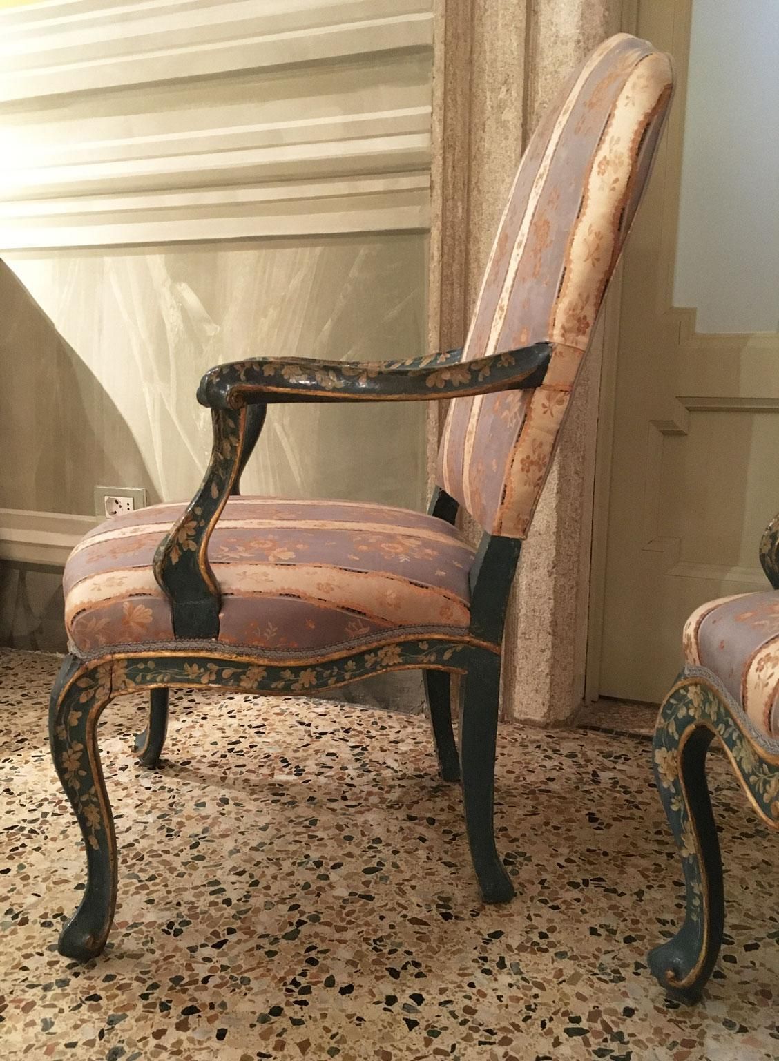1750 Venezia Italy Set 4 Blue Lacquered Wooden Dining Armchairs With Flowers photo buy