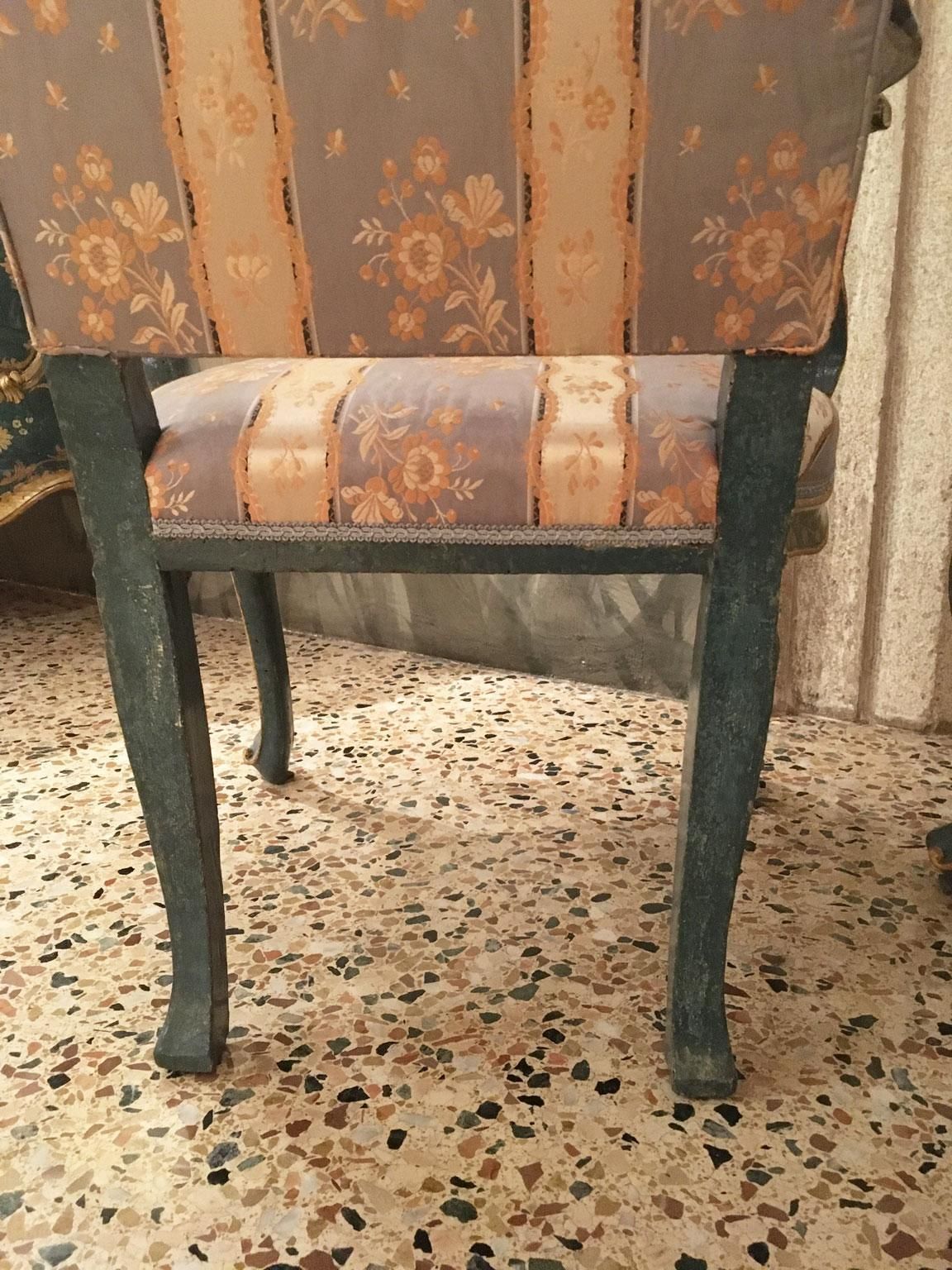 photo furniture 1750 Venezia Italy Set 4 Blue Lacquered Wooden Dining Armchairs With Flowers